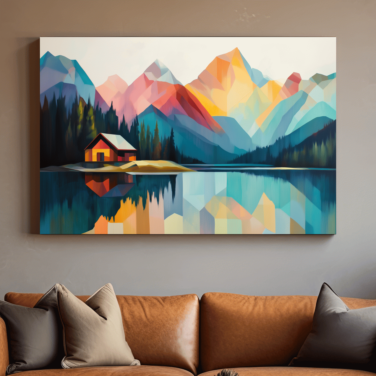 Colorful mountain cabin artwork, geometric landscape wall art