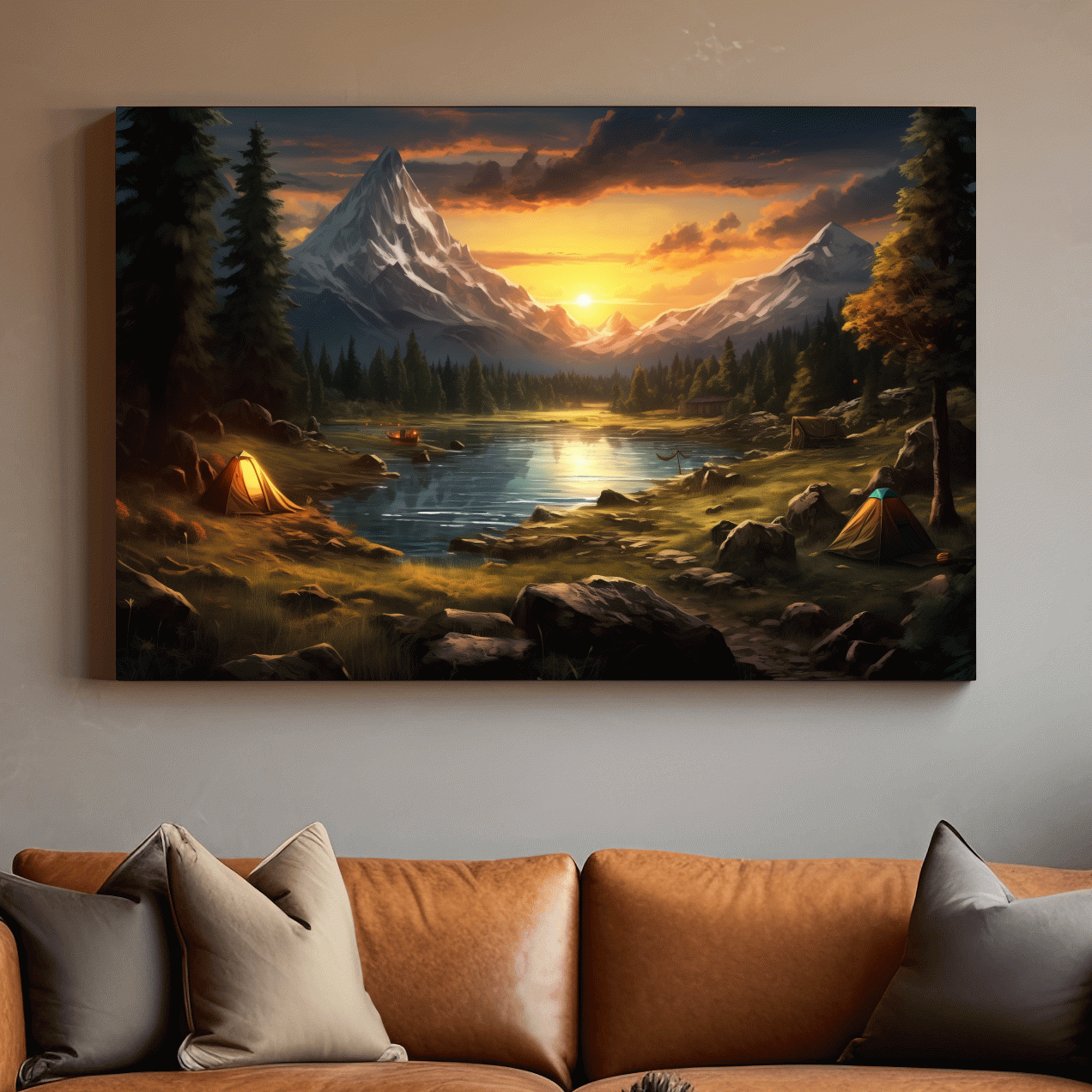 Painting of an alpine campsite by a lake at sunset, serene wall artwork