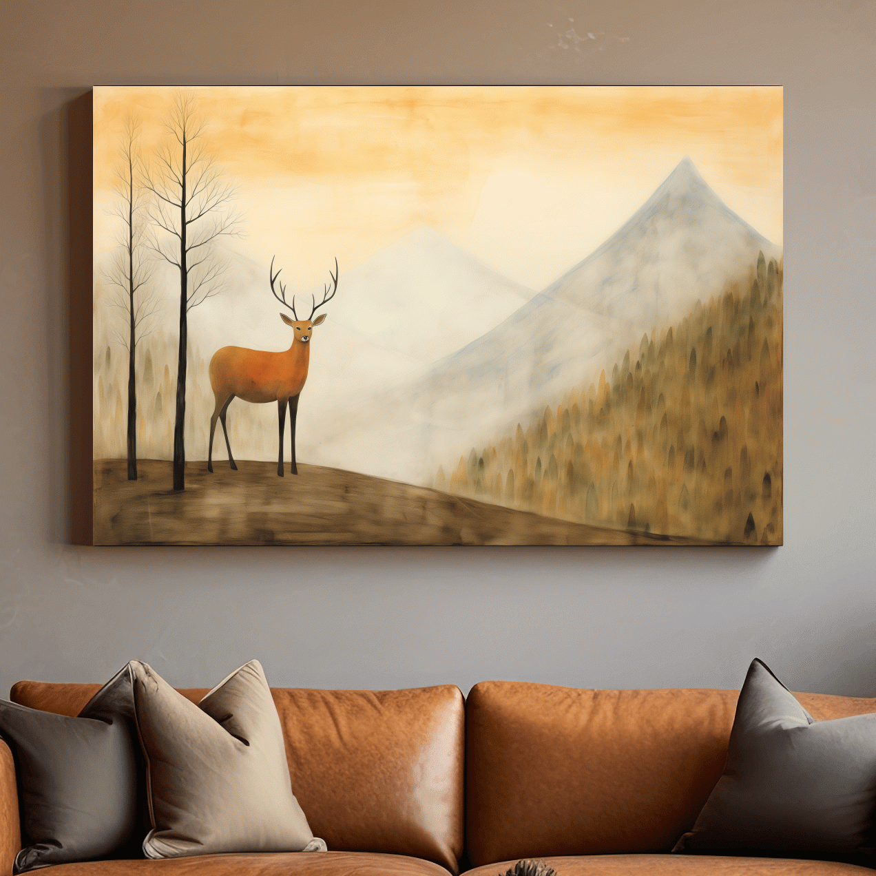 Deer Alpine Mountain Landscape Painting - Serene Foggy Forest Wall Art
