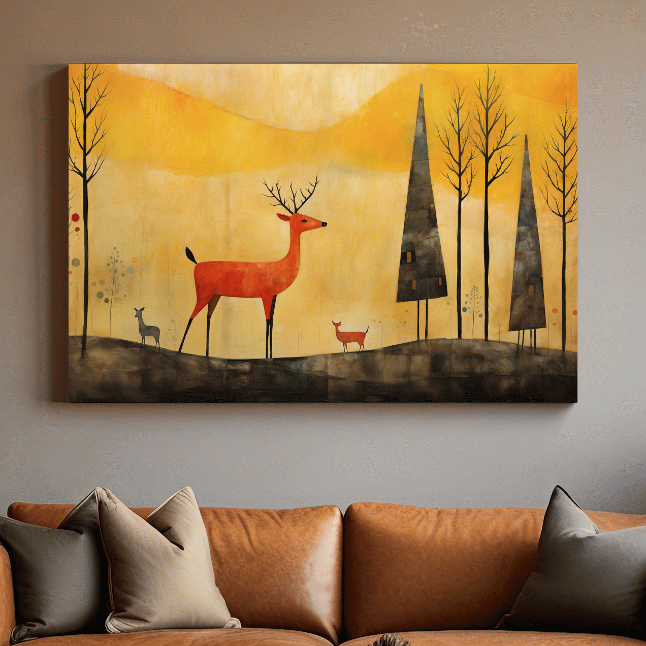 Red deer in an autumn forest landscape, quirky painting artwork