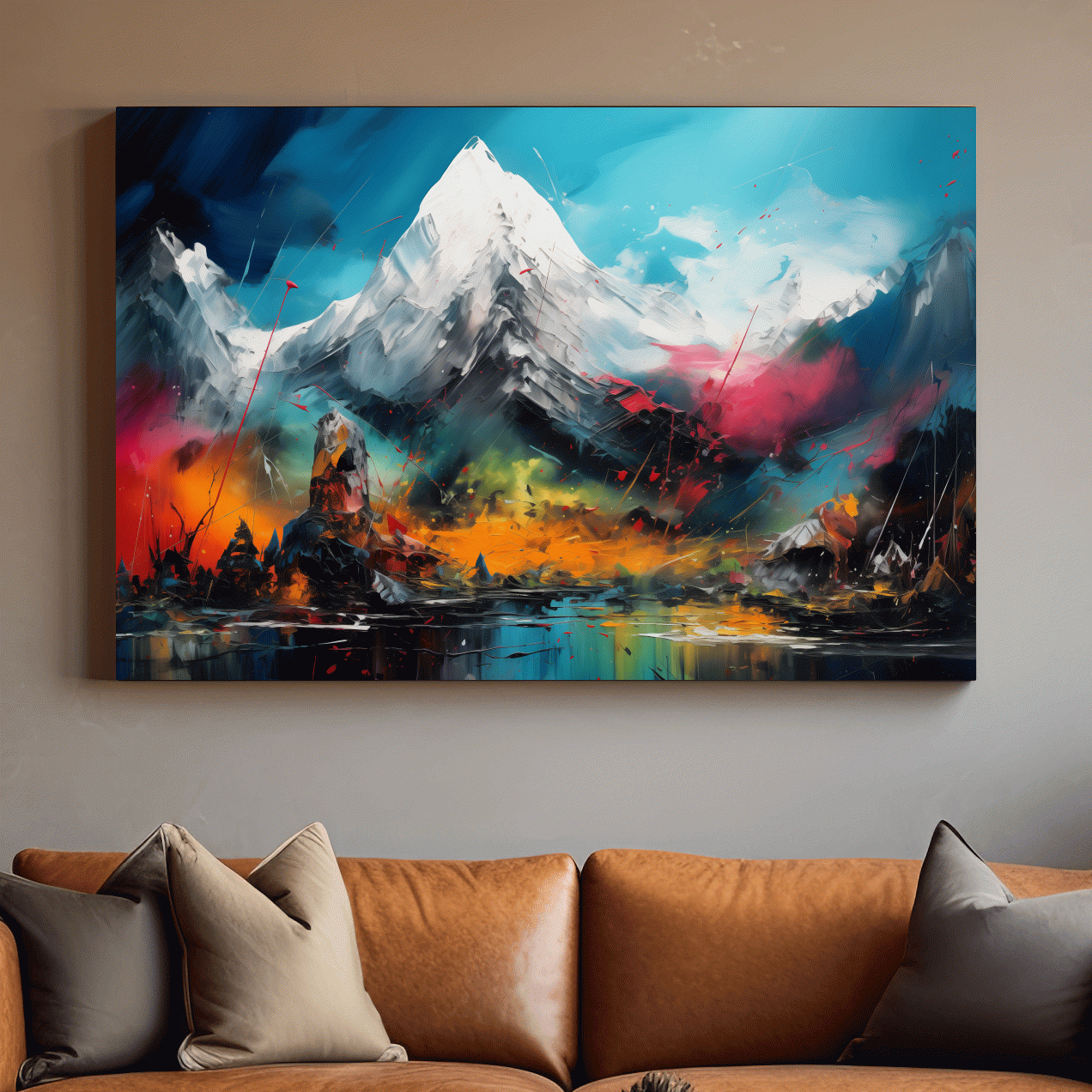 Abstract vibrant mountain wall art, impasto painting effect