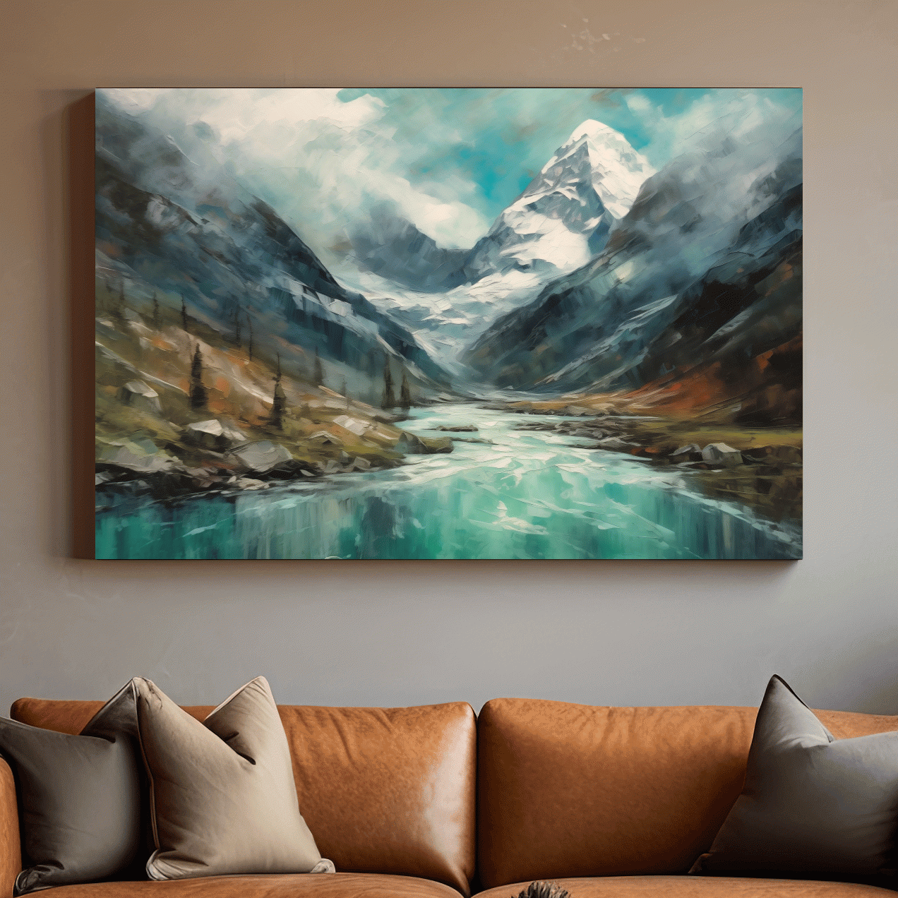 Impressionist style painting of alpine meadows, glacier and lake