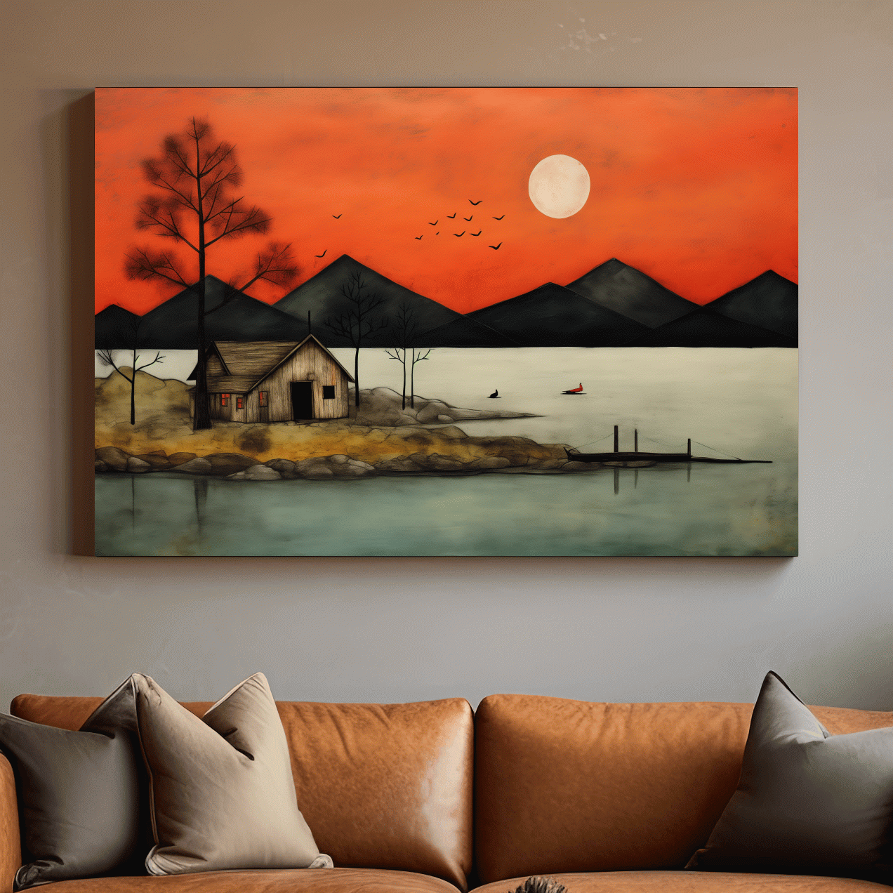 Rustic Lakeside Cabin Sunset Painting - Mountain Wall Art