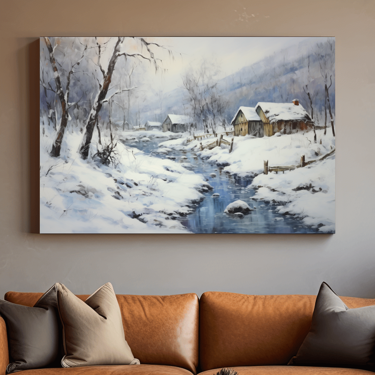 Snowy landscape artwork with rustic cabins beside a frozen stream, serene winter wall art