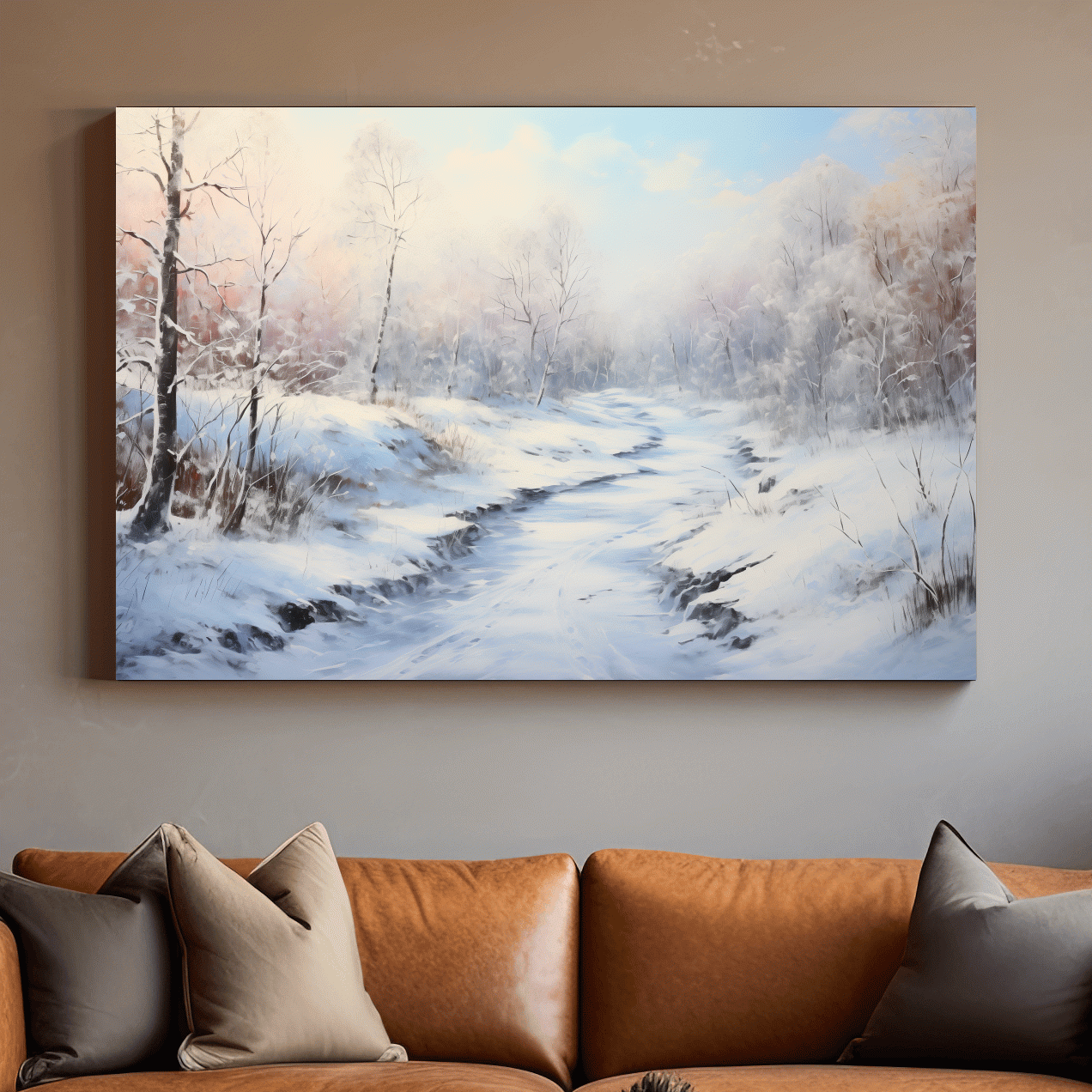 Winter landscape artwork, serene snowy forest path with soft pastel sky