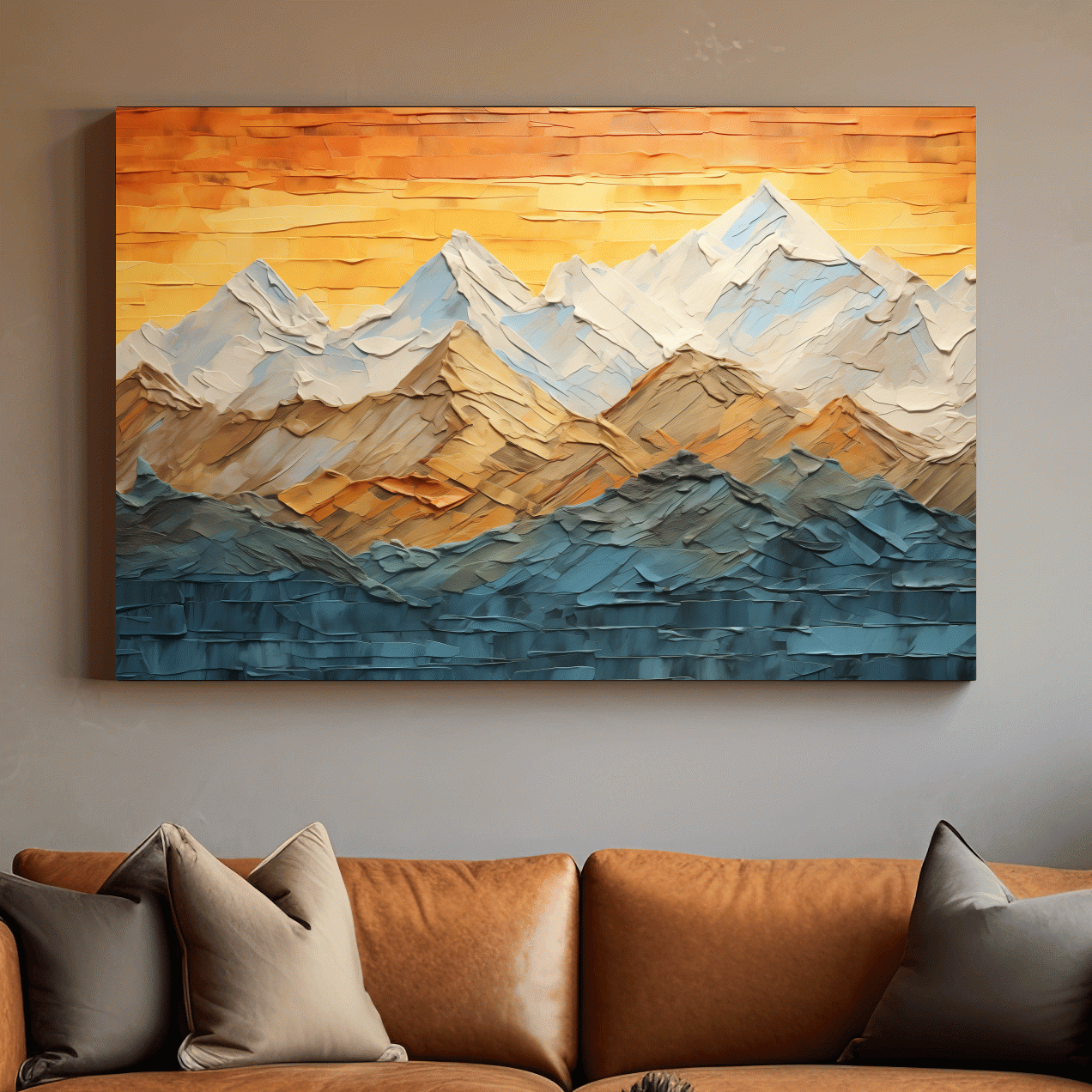 Impasto Style Mountain Range Sunset - Pallet Knife Painting Effect Wall Art