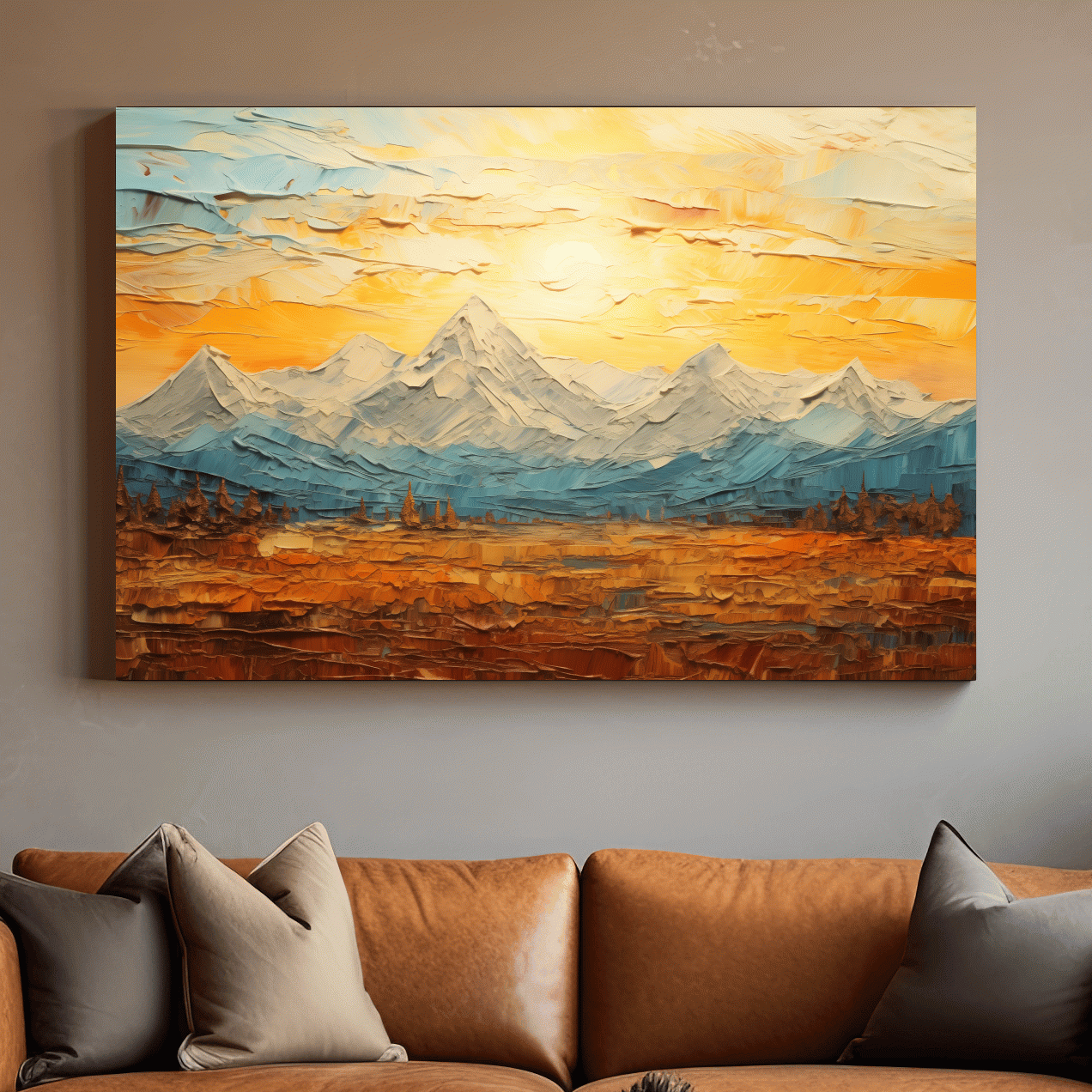 Glacier sunset mountain painting artwork, textured impasto effect