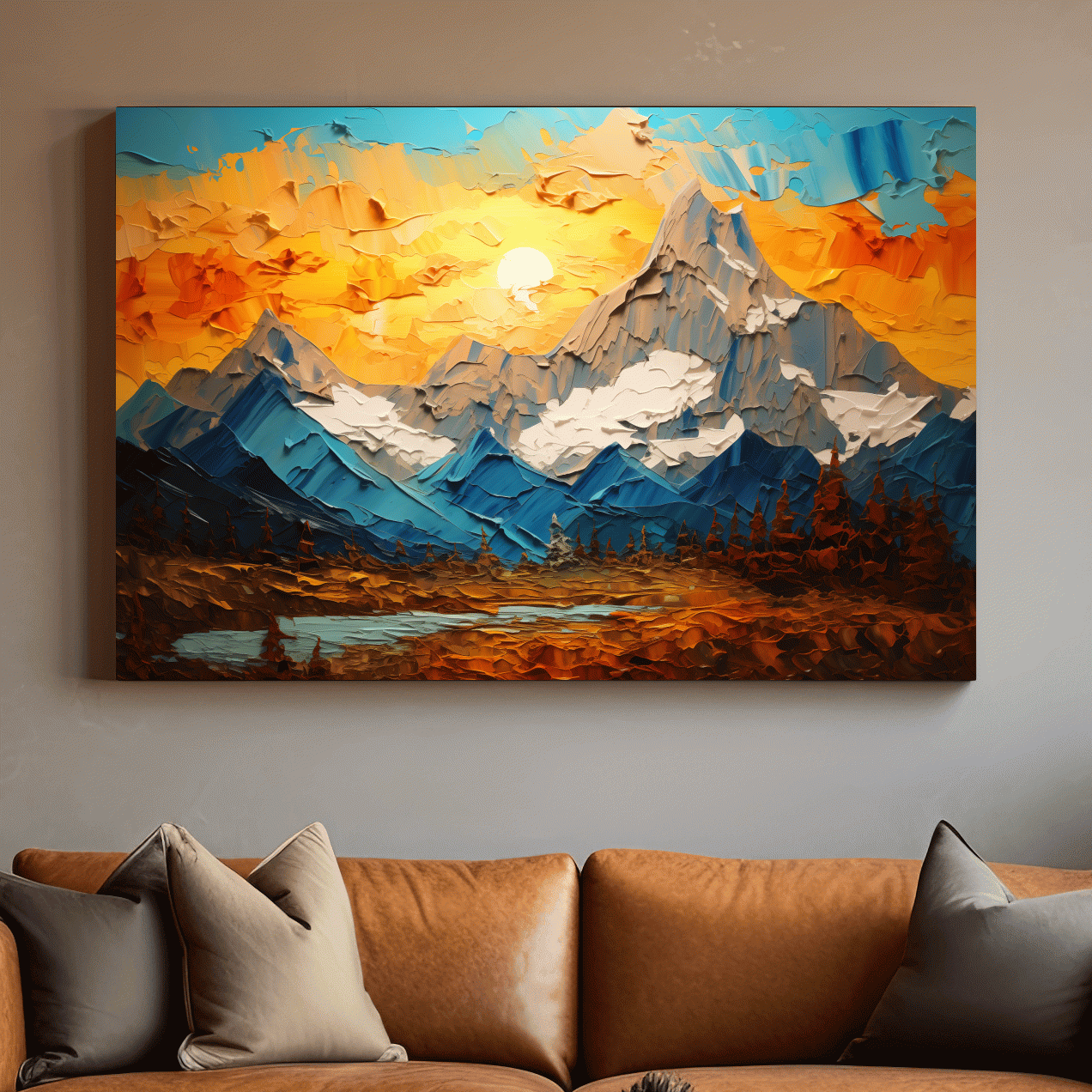 Palette Knife Style Mountain Sunset Painting - Vibrant Abstract Alpine Artwork