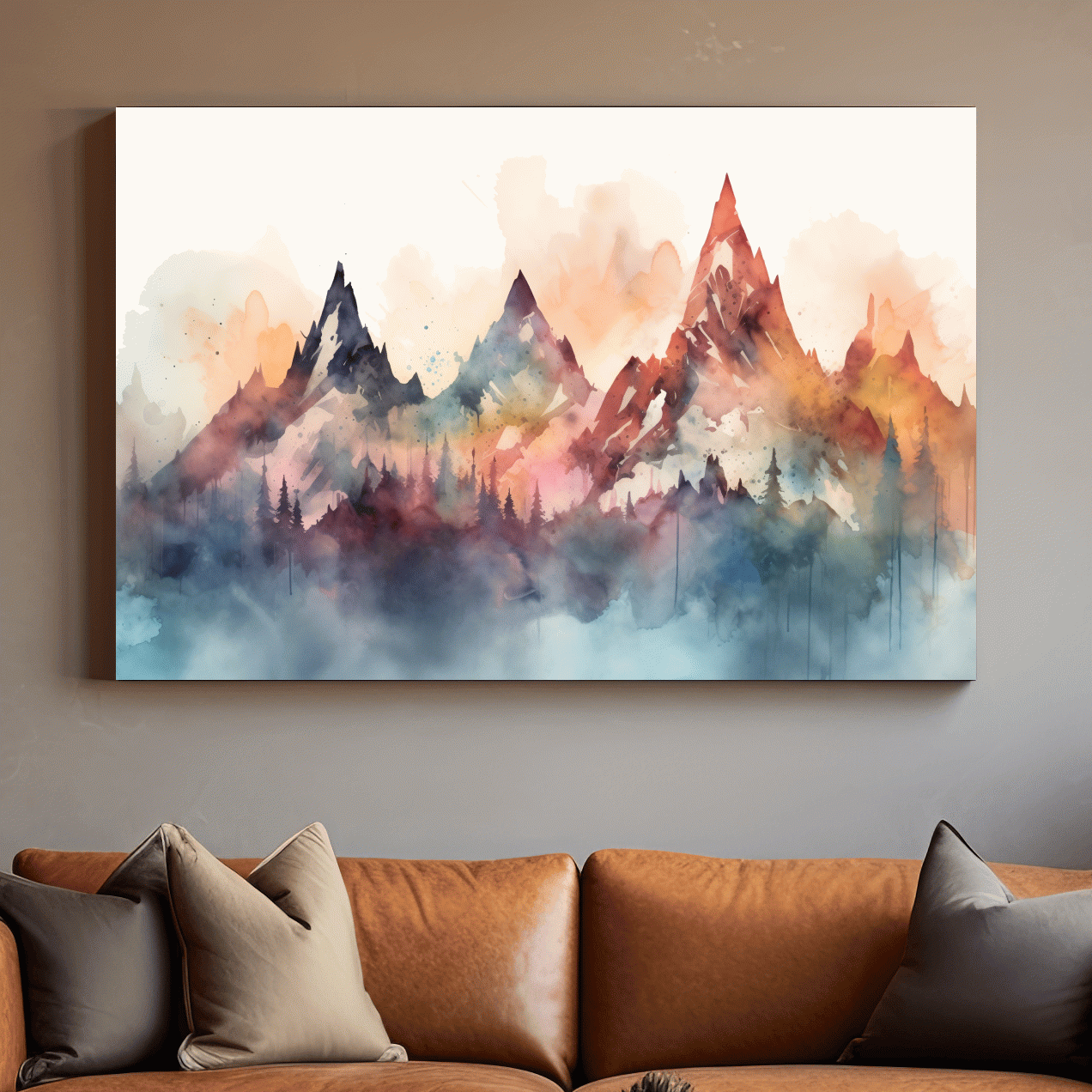 Colorful watercolor mountain wall art, serene misty landscape painting