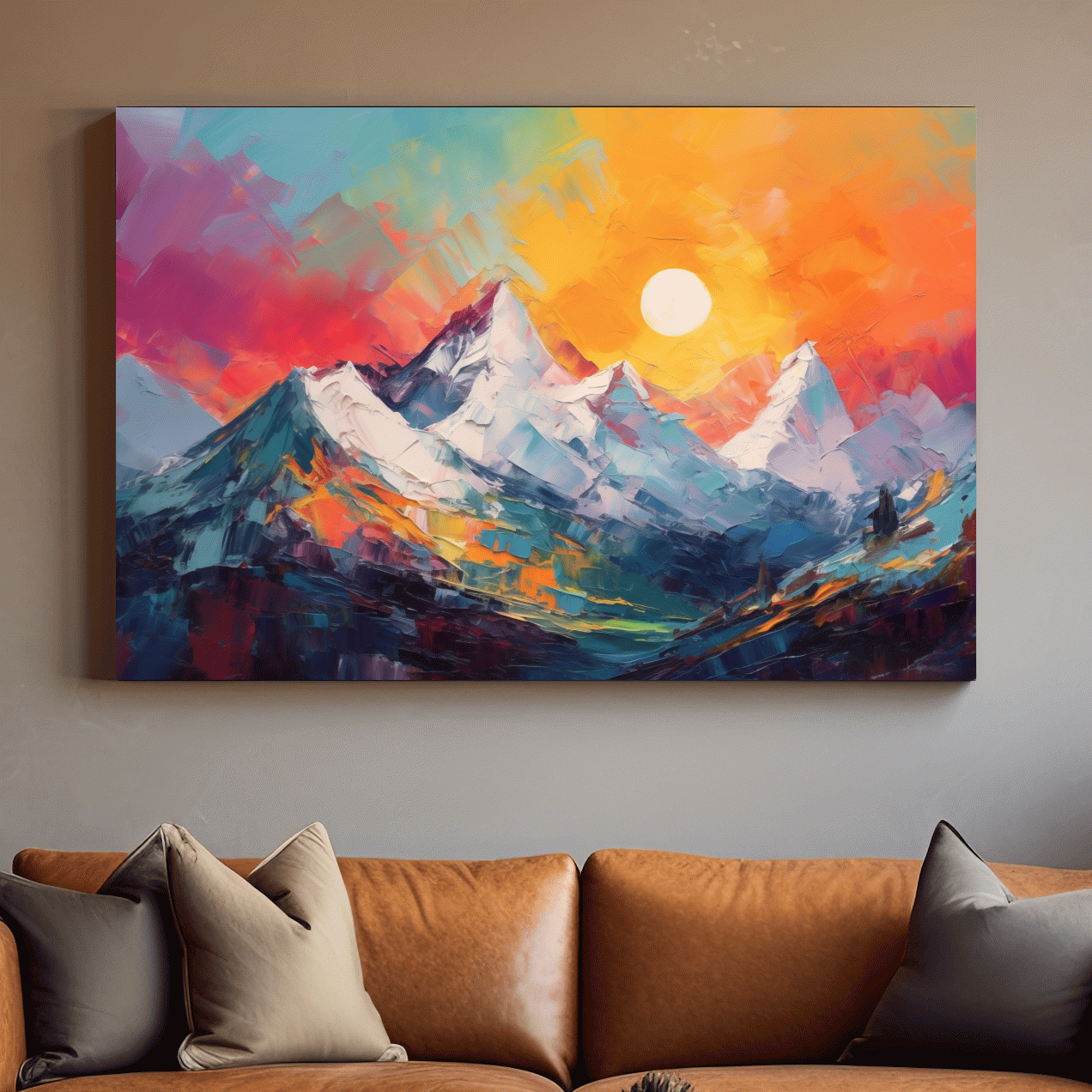 Colorful abstract mountain wall art, vibrant sunset oil painting print