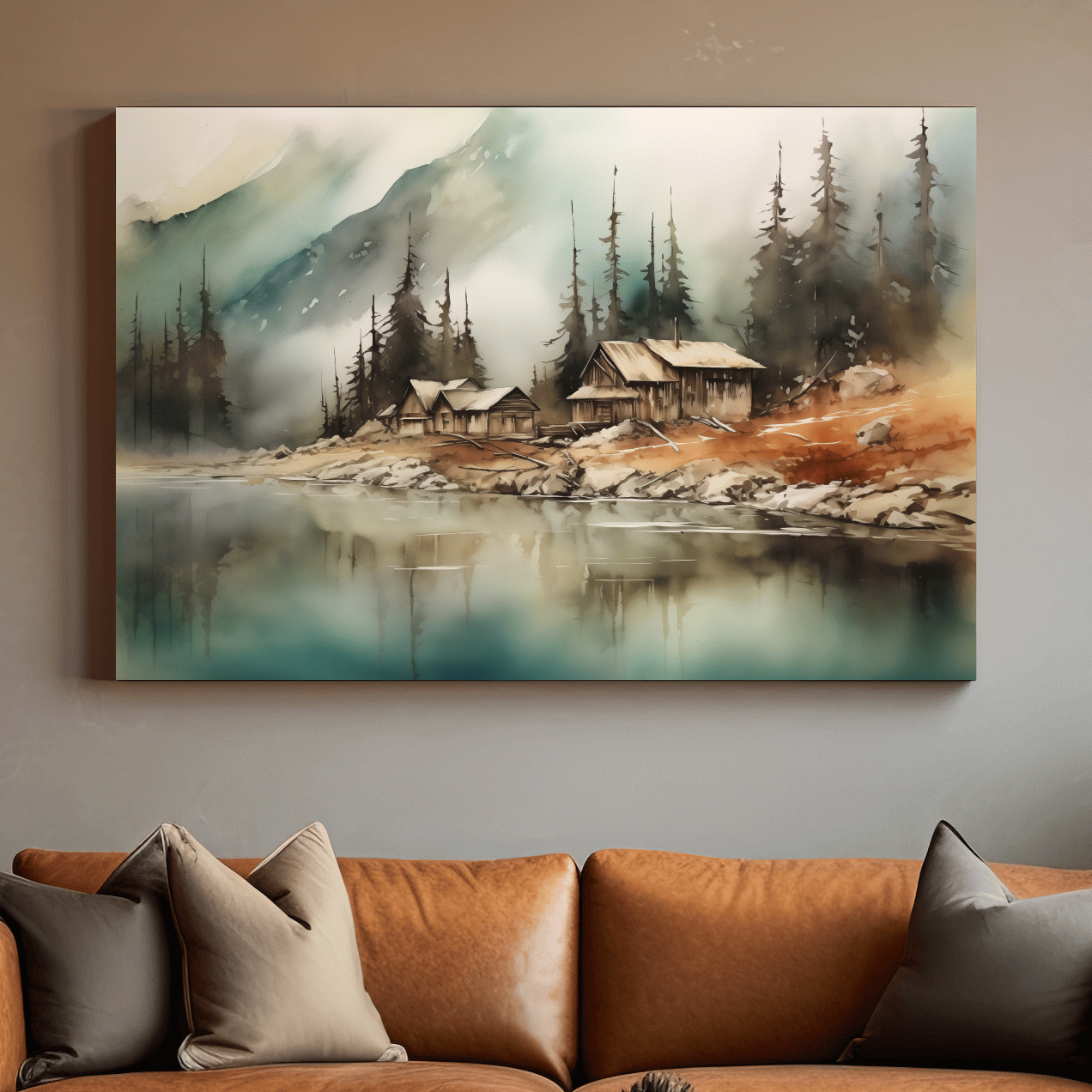 Rustic alpine mountain lake cabins, watercolor style landscape wall art