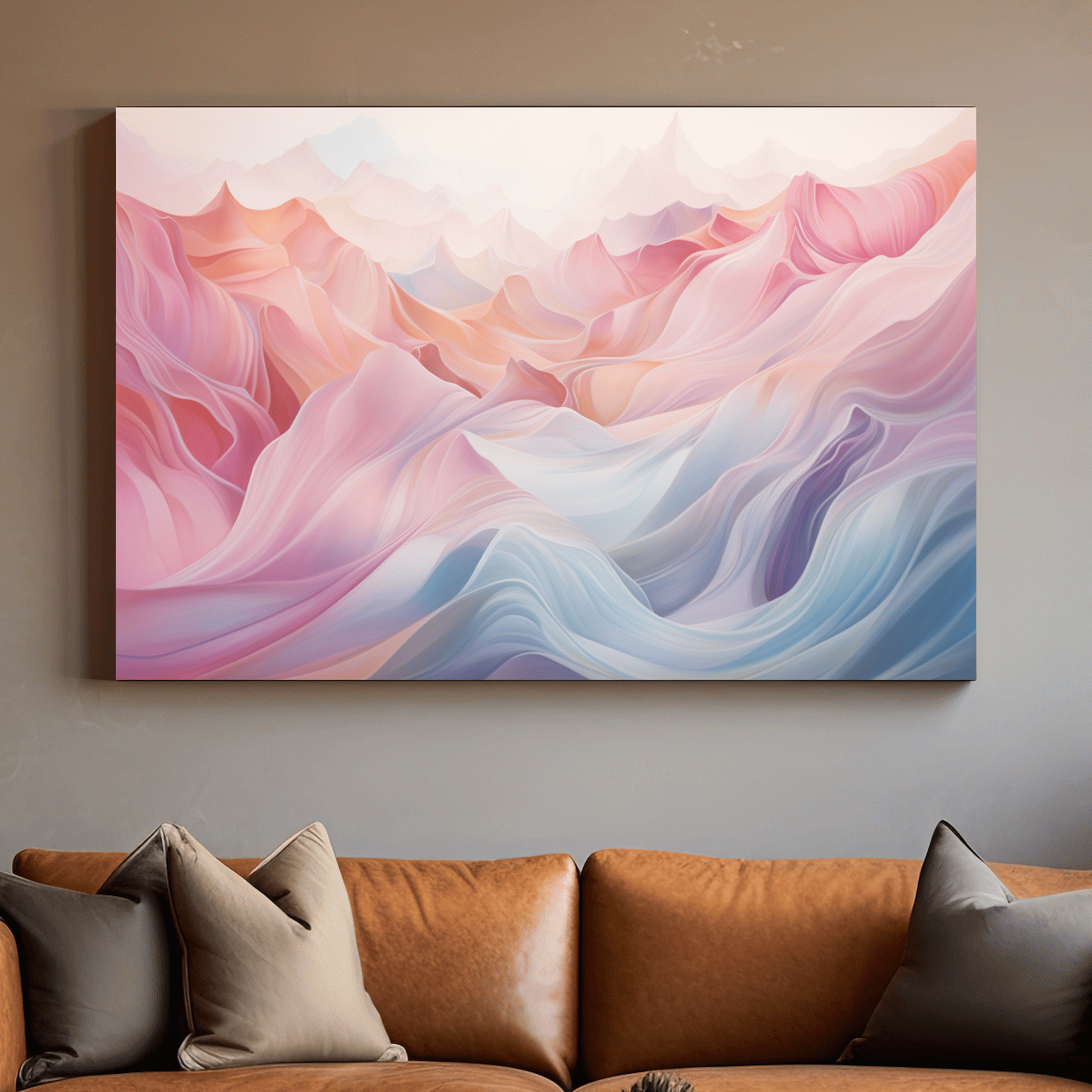 Soft pastel abstract mountain landscape artwork, flowing abstract waves in pink and blue tones