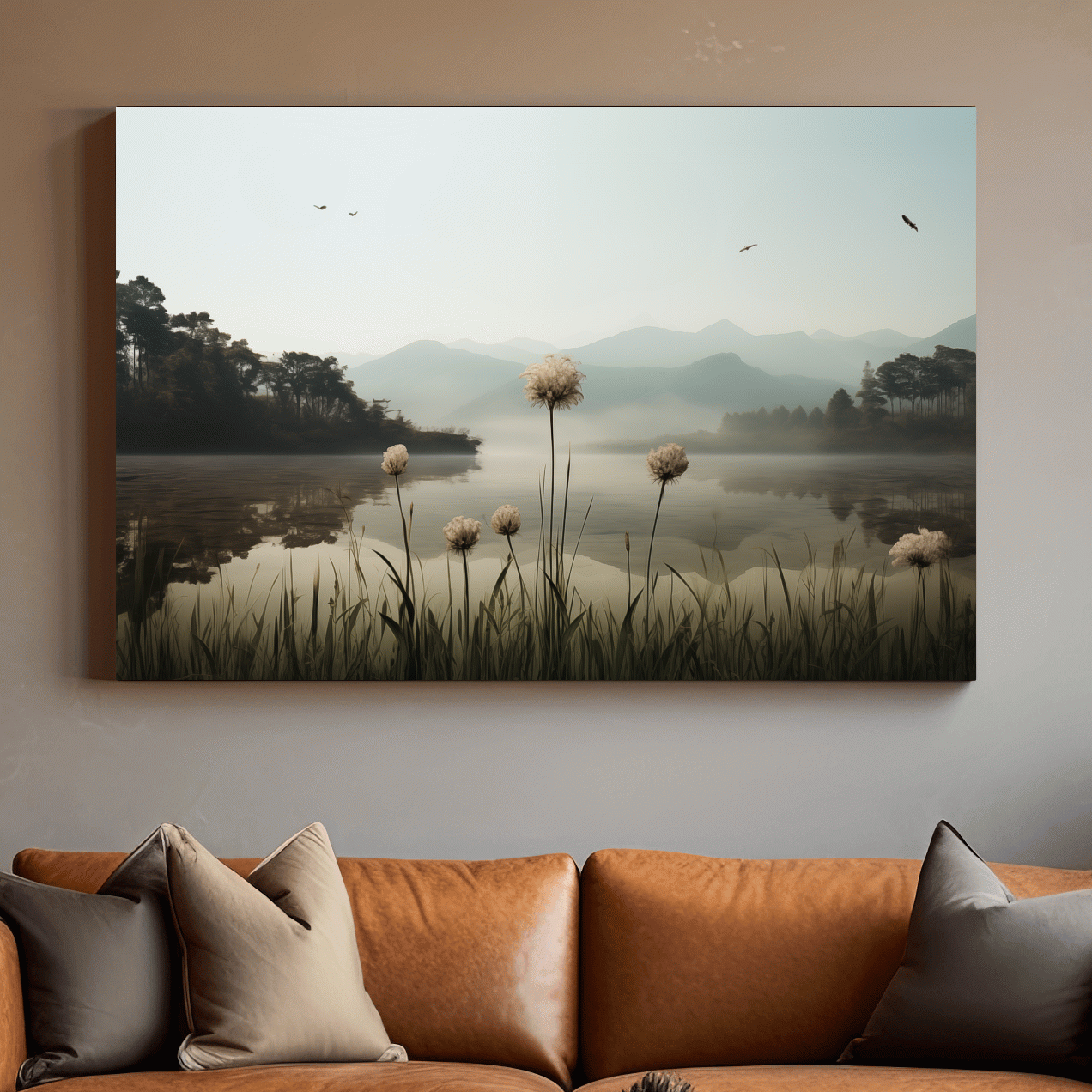 Photographic art painting of dandelions on the lake