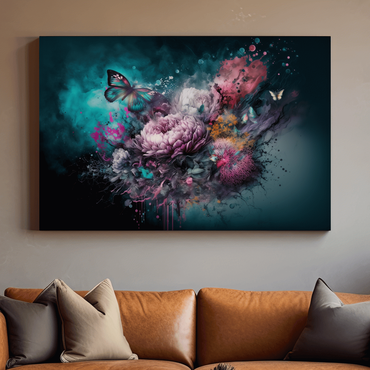 Surreal Floral Butterfly Explosion Painting - Vibrant Botanical Wall Art