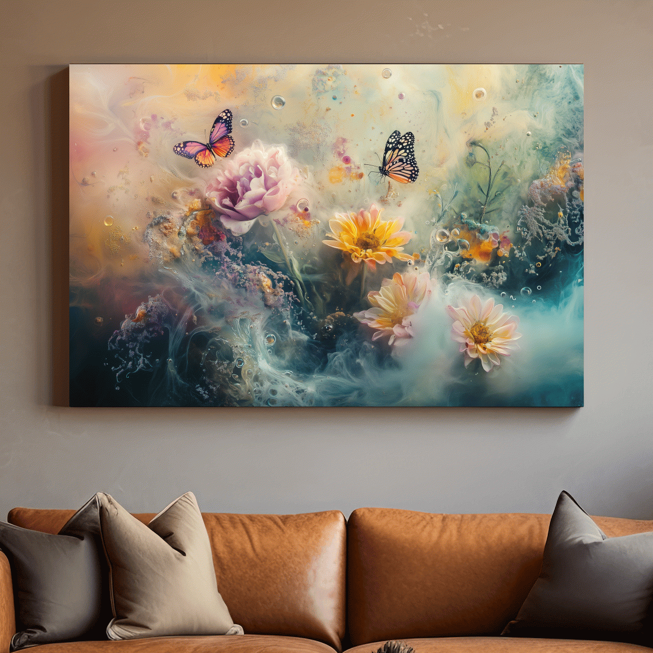 Abstract butterfly and flower wall art painting, dreamy pastel artwork