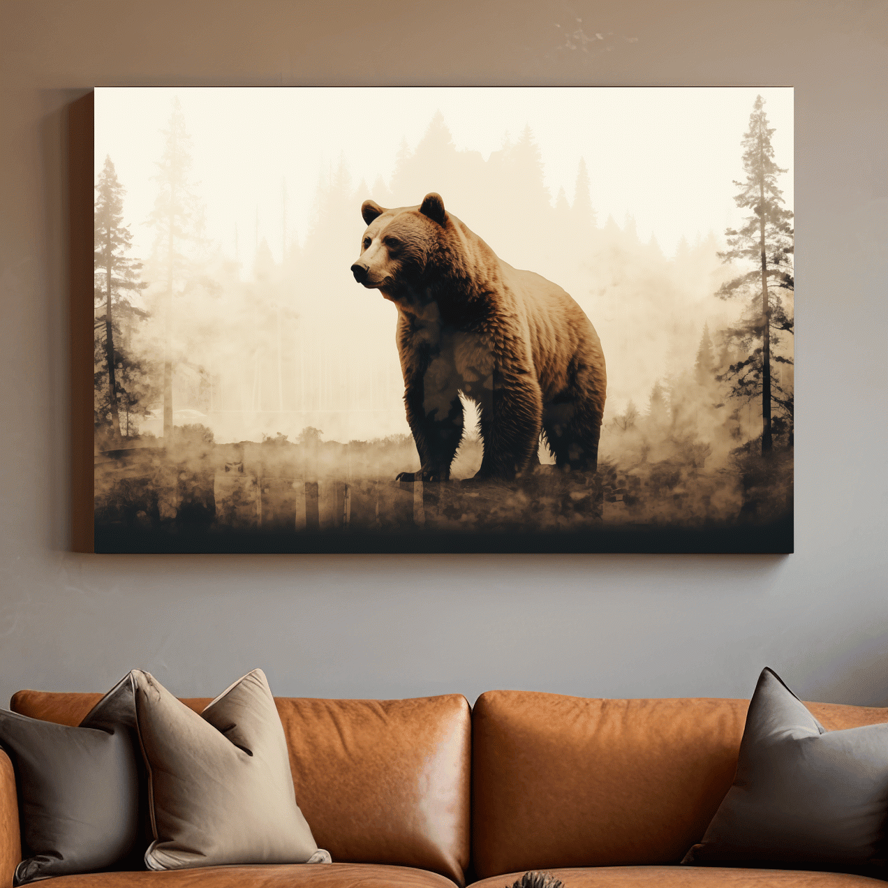 Grizzly bear in the forest, double exposure sepia photography artwork