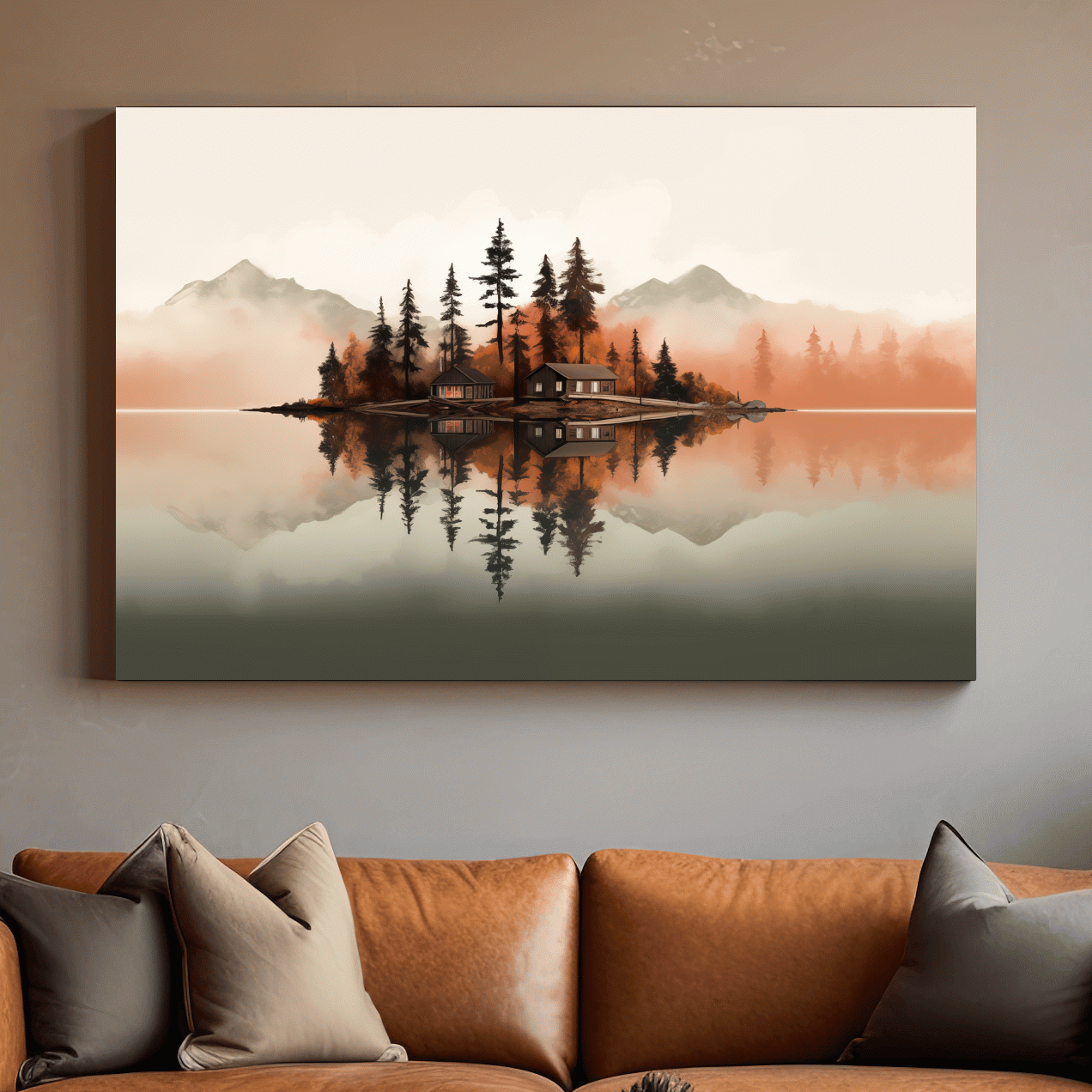 Minimalist art, lakeside cabin amongst the trees