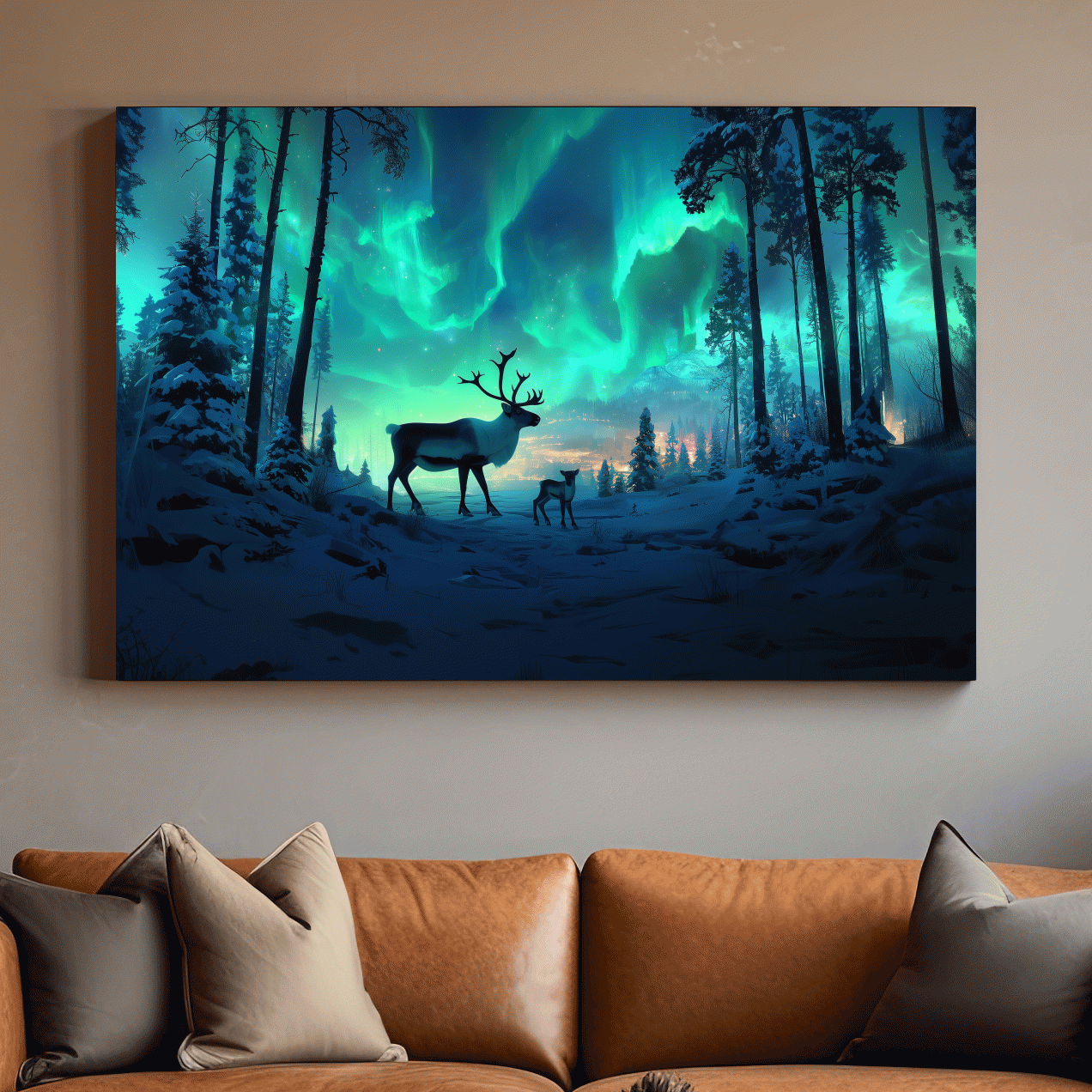Caribou buck and fawn under vibrant northern lights in a snowy winter forest