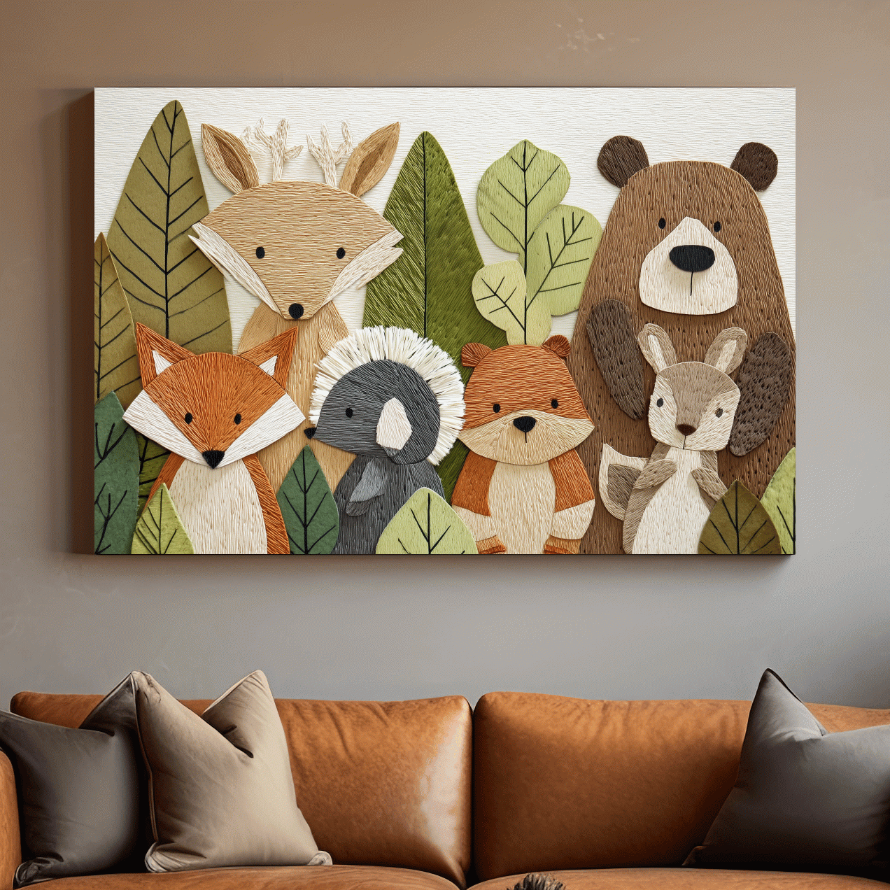Woodland animal nursery decor, cute forest animal wall art in textured embroidery style