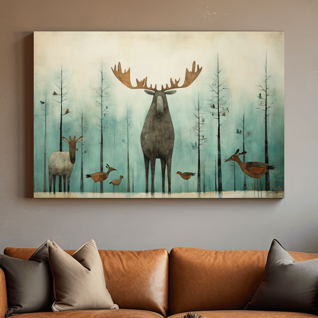 Whimsical Scandi Folk Art Moose & Woodland Animals Canvas Wall Art