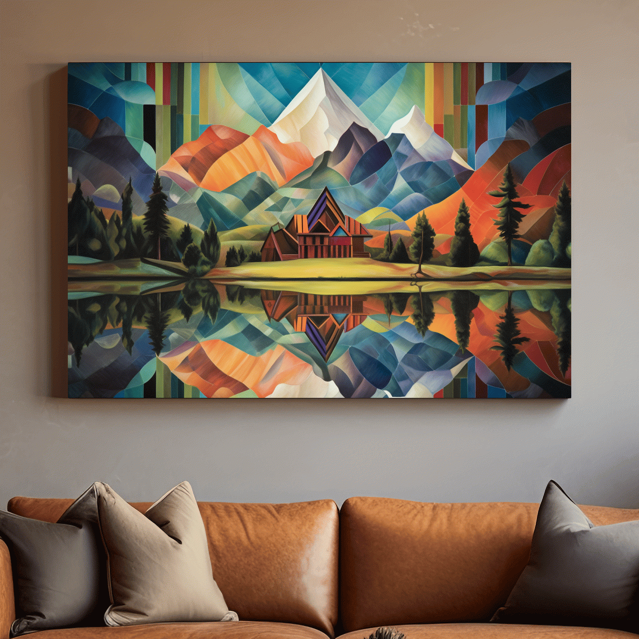Abstract oil painting of a cabin by a lake, mountain scenery