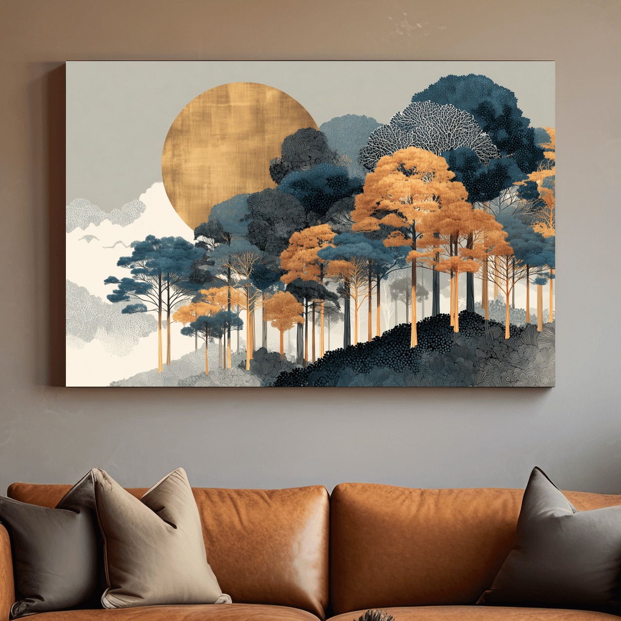Modern Chic Golden Sun Over Autumn Forest - Elegant Boho Landscape Wall Art