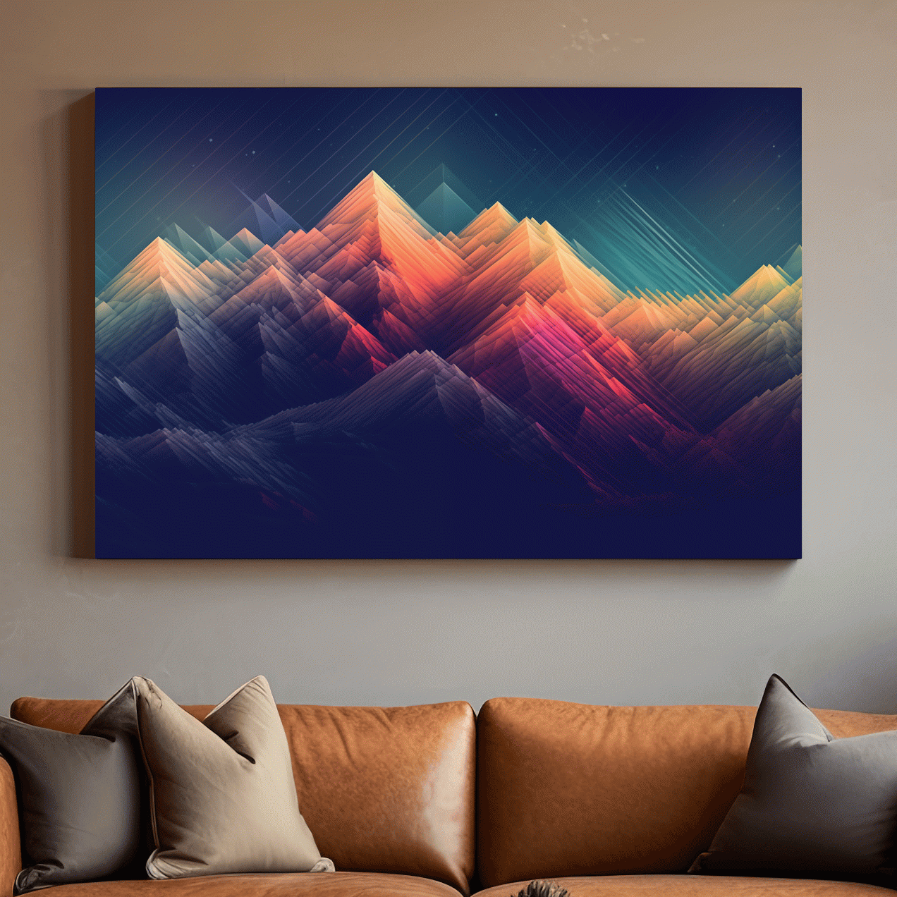 Colorful abstract mountain wall art, glitch art geometric gradient design