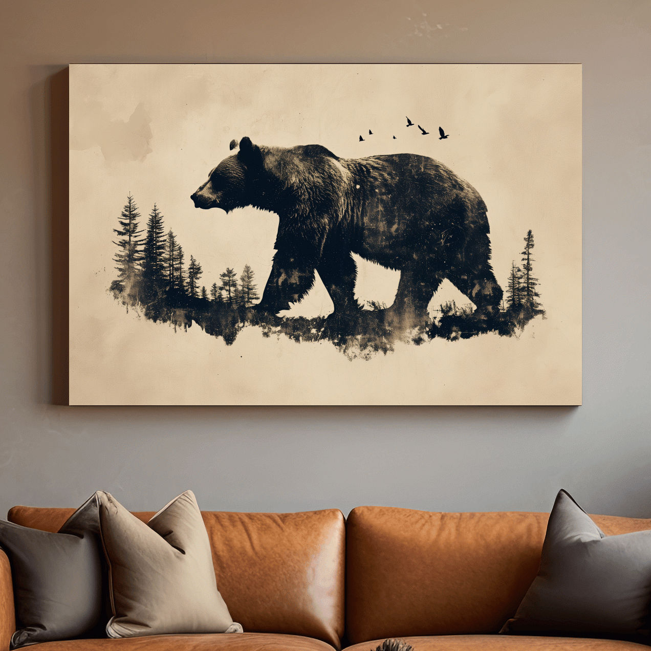 Vintage Grizzly Bear Forest Silhouette - Rustic Wildlife Wall Art