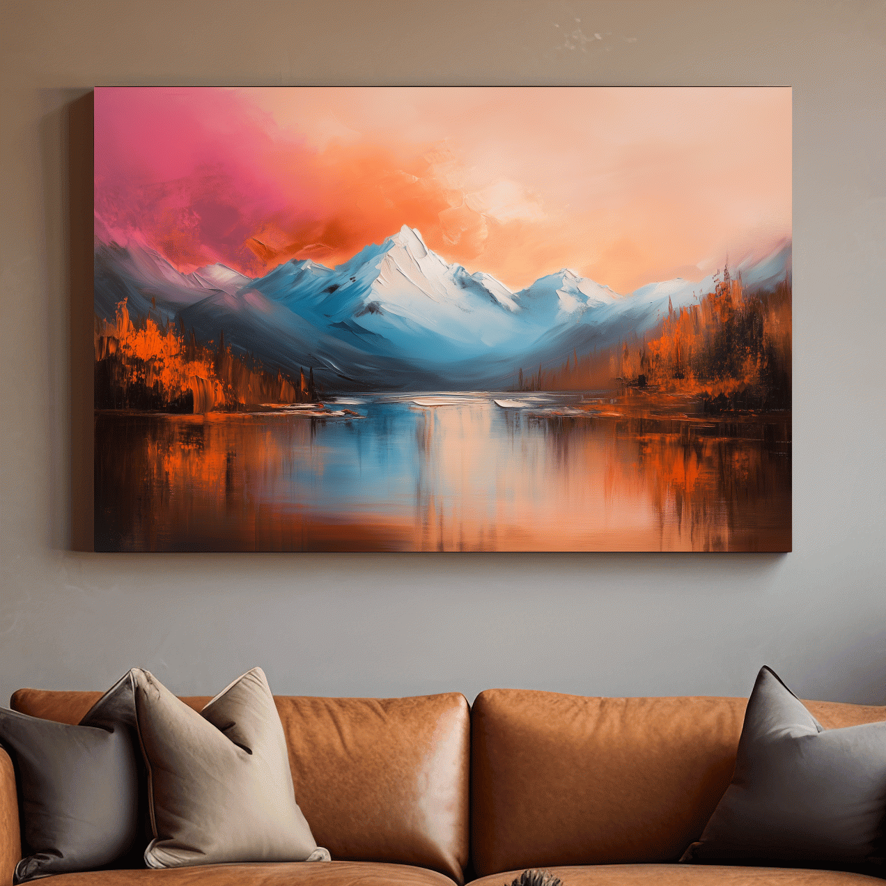Textured Sunset Mountain Lake Painting - Serene Abstract Landscape Wall Art