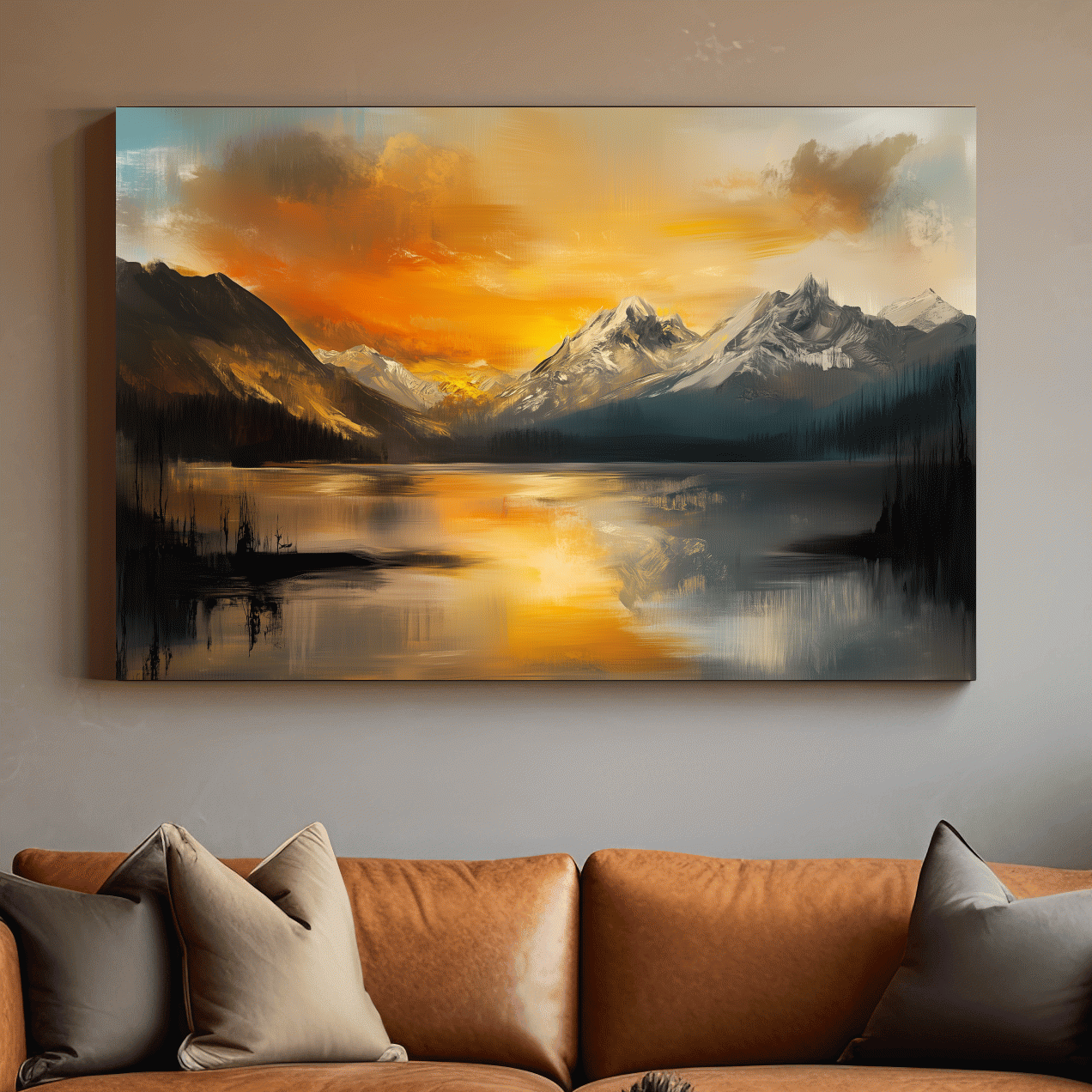 Moody Alpine Mountain Lake Sunset Painting - Oil Painting Style Wall Art