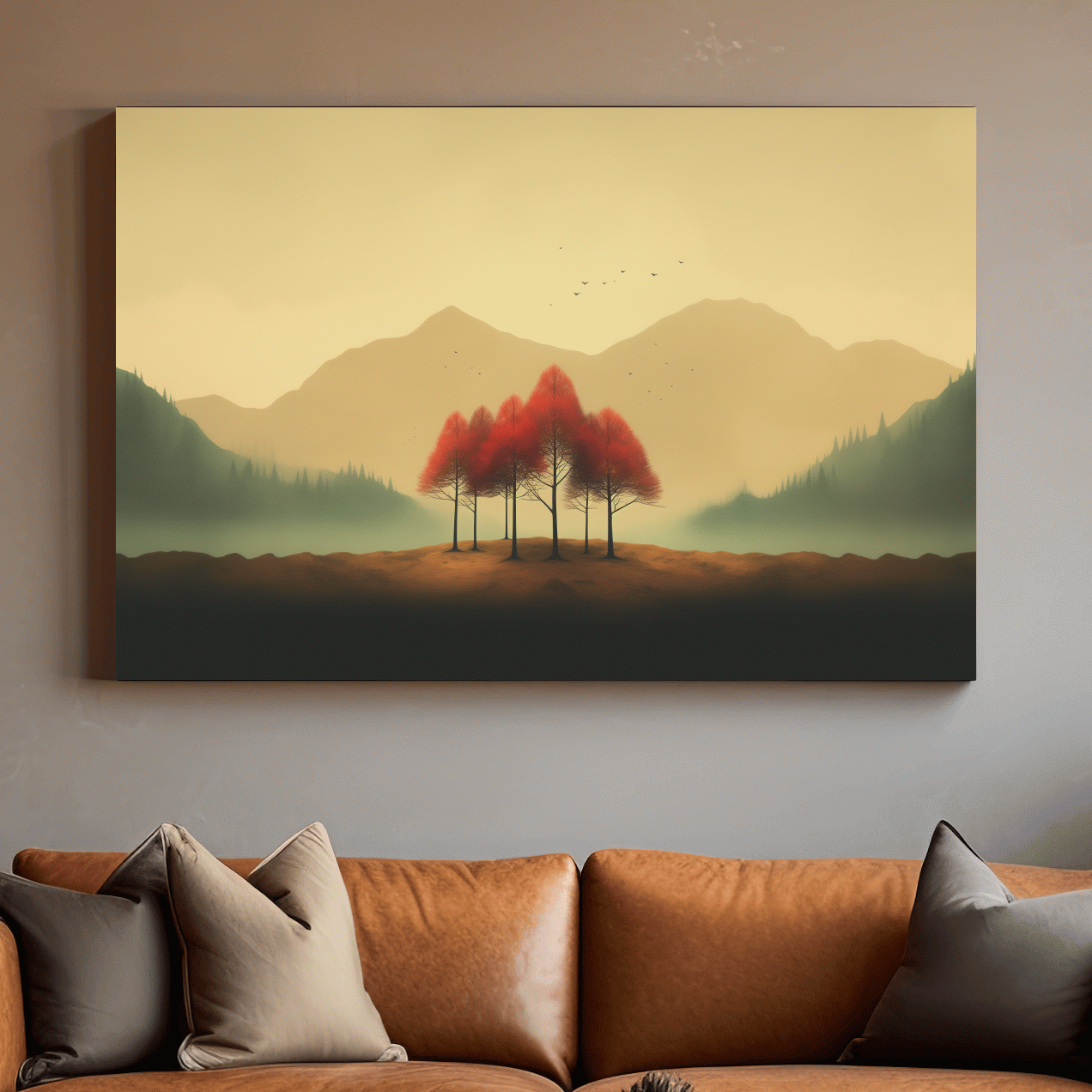 Minimalist Autumn Tree Grove Landscape - Misty Mountain Forest Wall Art
