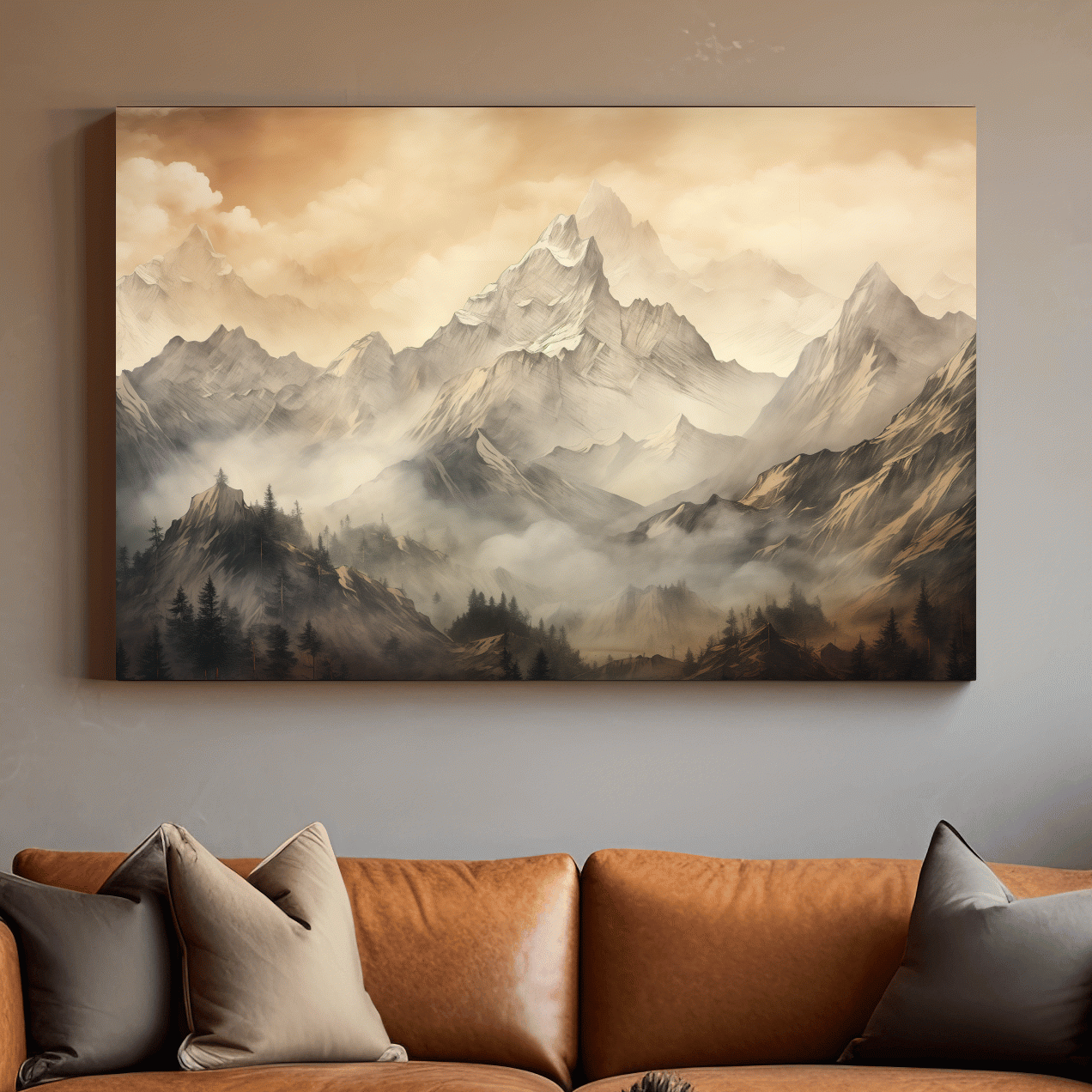 Moody Sepia Misty Mountain Peaks - Atmospheric Alpine Landscape Painting Wall Art