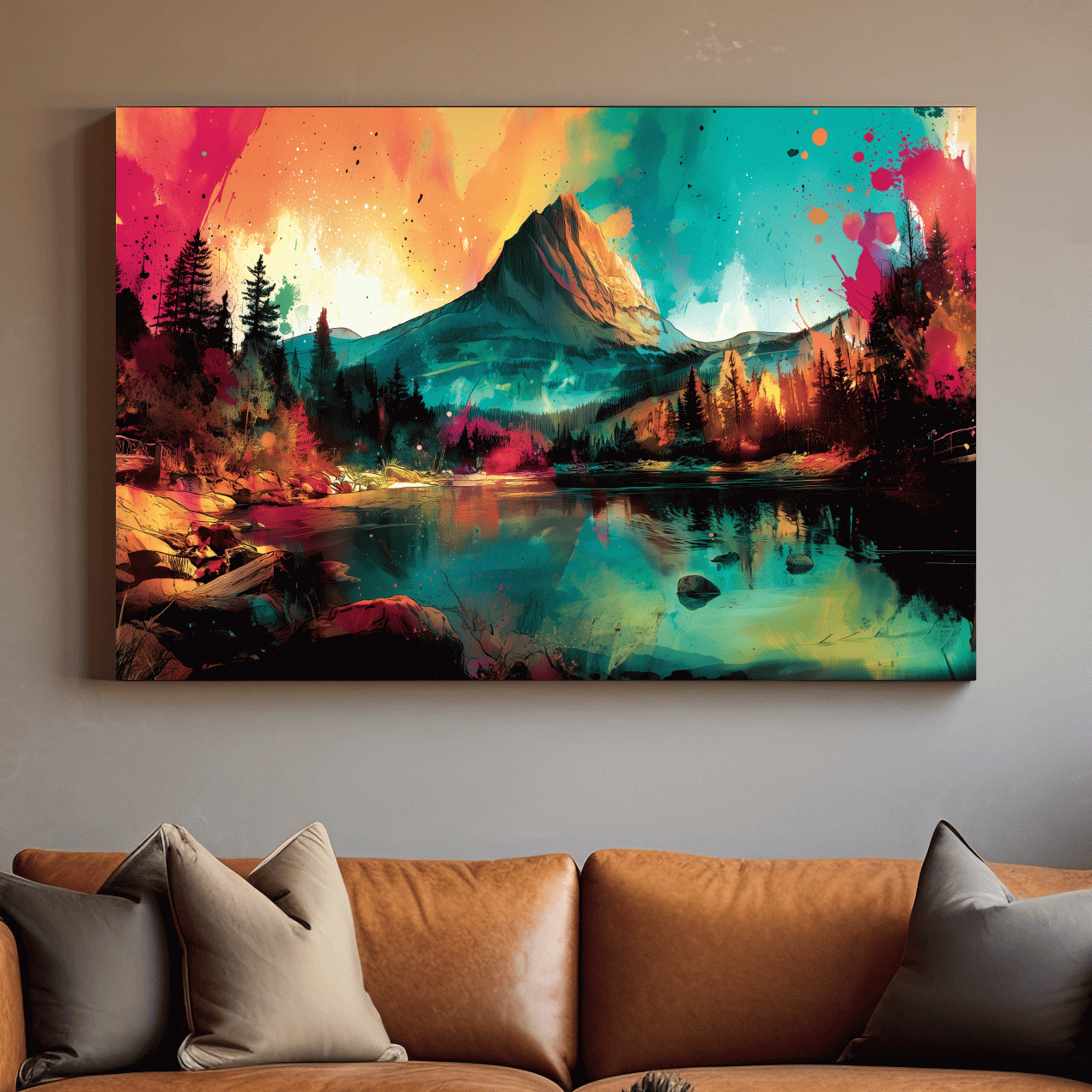 Vibrant Abstract Alpine Mountain Sunrise - Colorful Watercolor Style Artwork