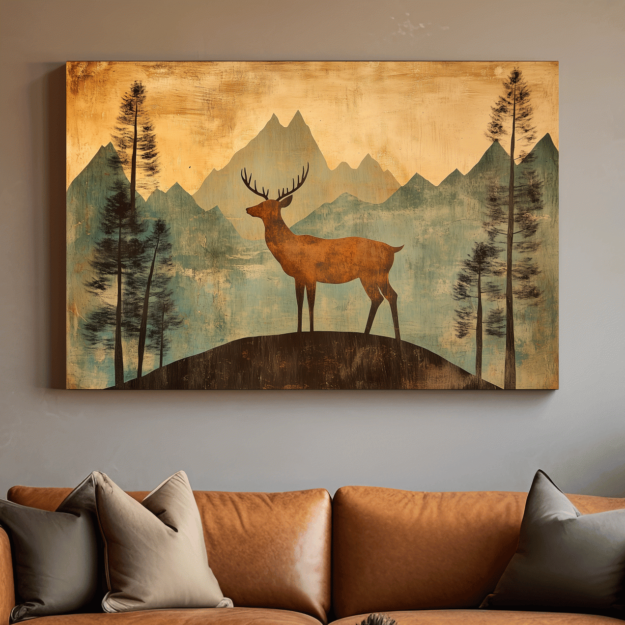 Rustic Deer Silhouette Mountain Landscape - Vintage Woodland Wall Art