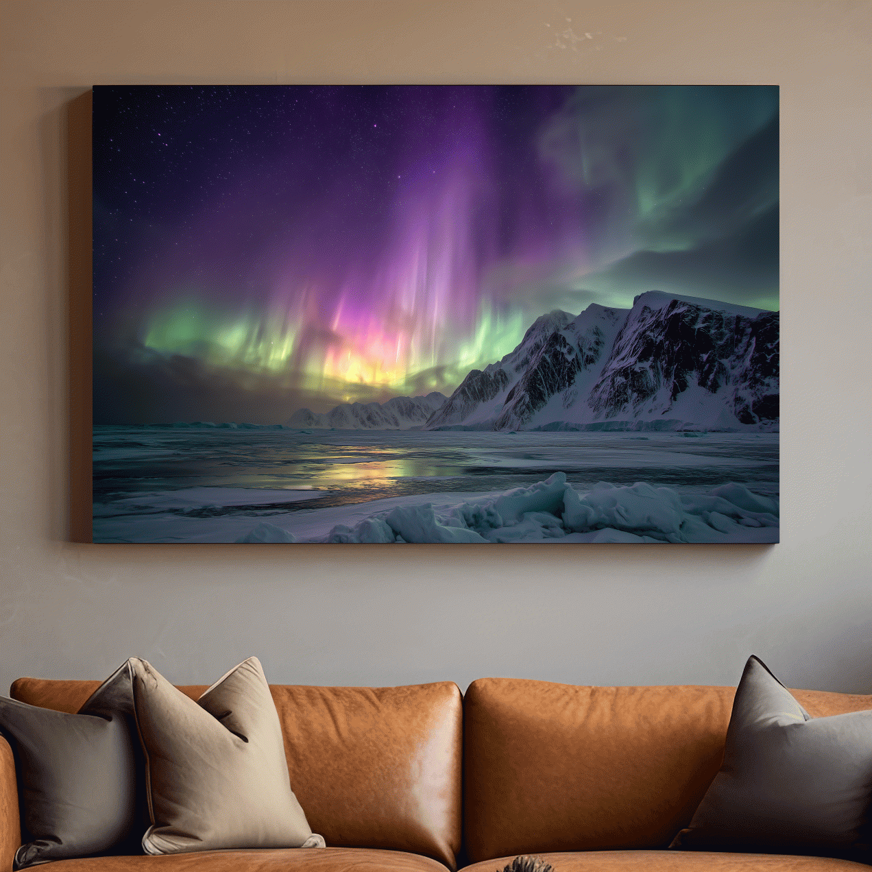 Vibrant Northern Lights Over Snowy Mountains - Aurora Borealis Photographic Night Sky Wall Art