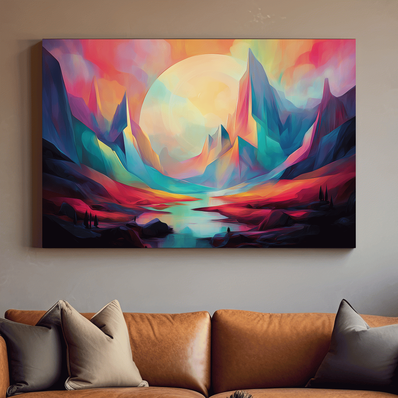 Vibrant Abstract Mountain Valley Sunset - Colorful Surreal Landscape Wall Art