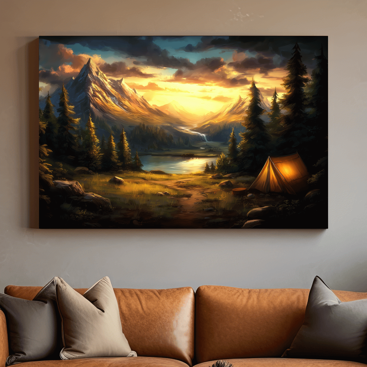 Golden Sunset Alpine Camping Scene Impressionist Painting - Scenic Mountain Wall Art