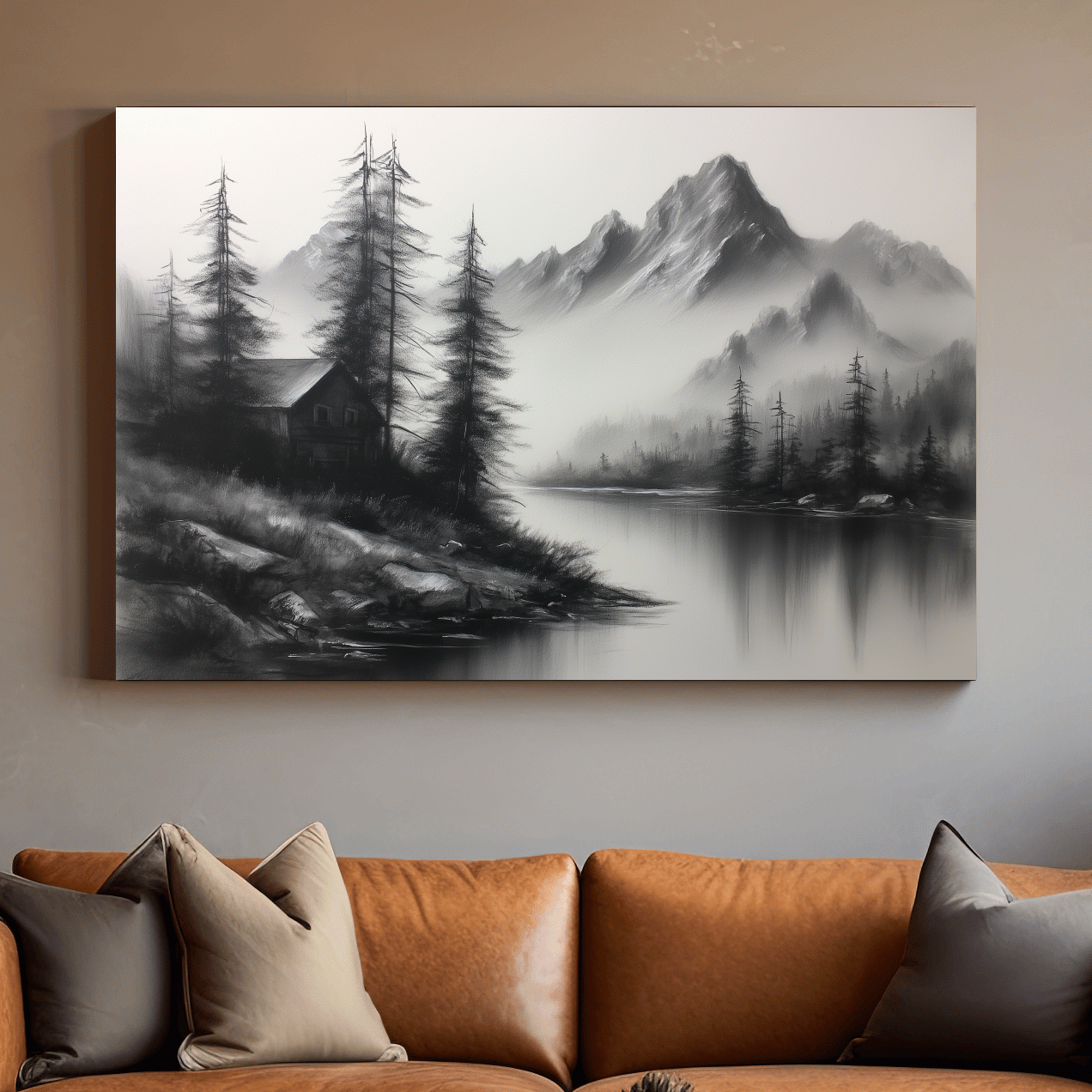 Moody Monochrome Alpine Lake Cabin - Charcoal Mountain Sketch Style Wall Art