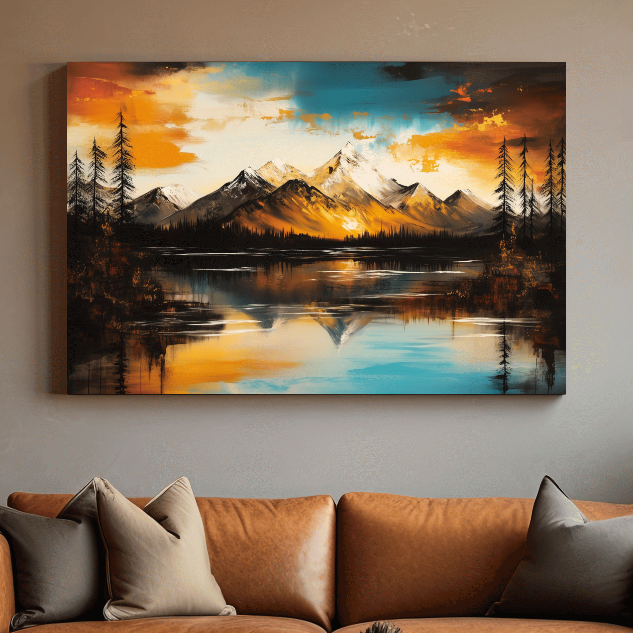 Alpine Mountain Sunset Oil Painting - Textured Abstract Landscape Wall Art
