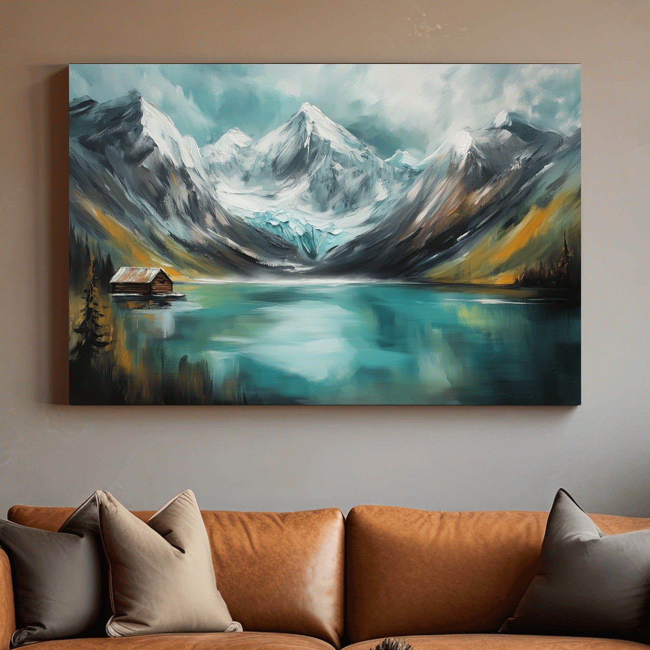 Turquoise Alpine Lake Cabin Painting - Snowy Mountain Landscape Wall Art