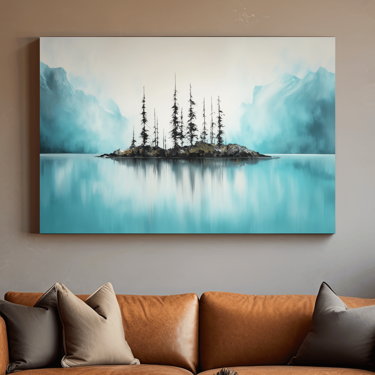 Misty Turquoise Mountain Lake Reflection - Minimalist Watercolor Landscape Wall Art