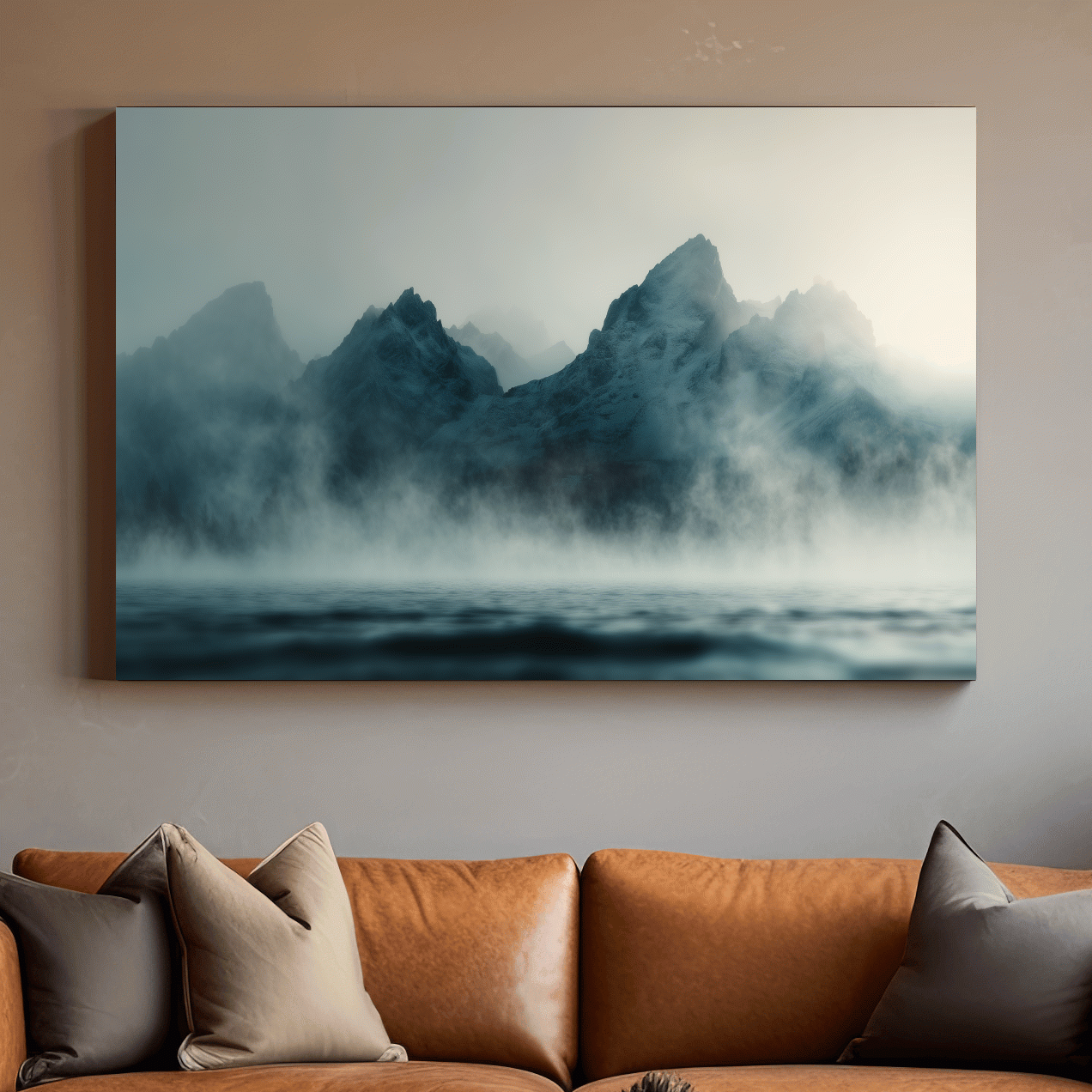 Moody Misty Mountain Peaks Over Water - Atmospheric Monochrome Landscape Wall Art