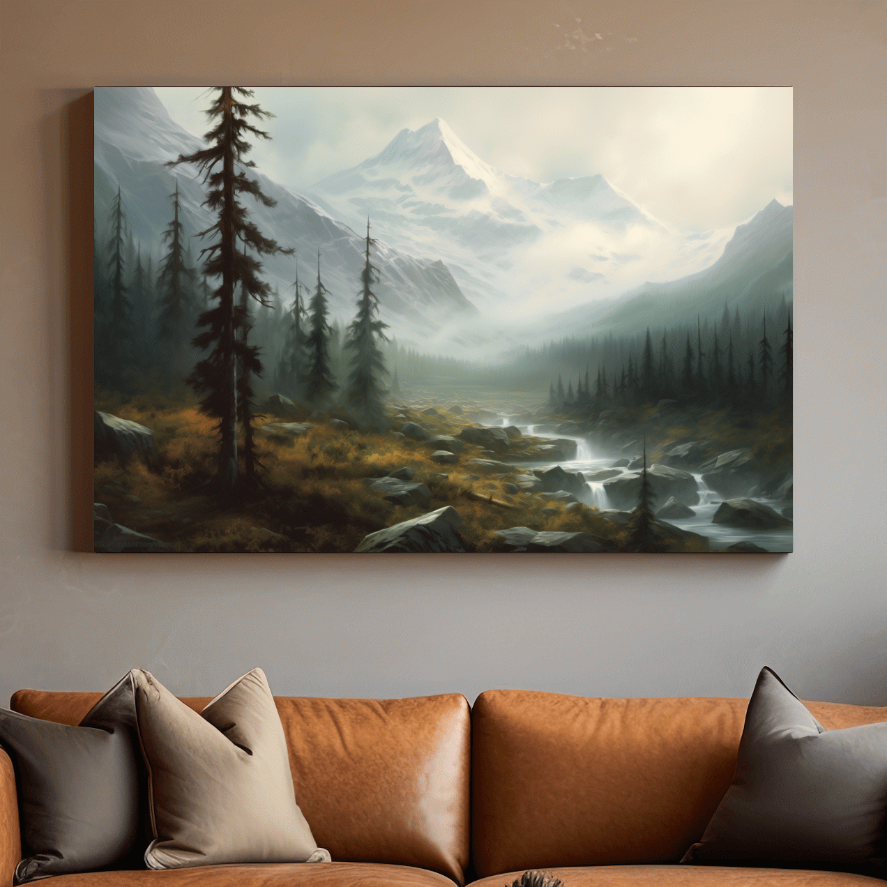 Misty Alpine Mountain Valley Painting - Foggy Evergreen Forest Wall Art