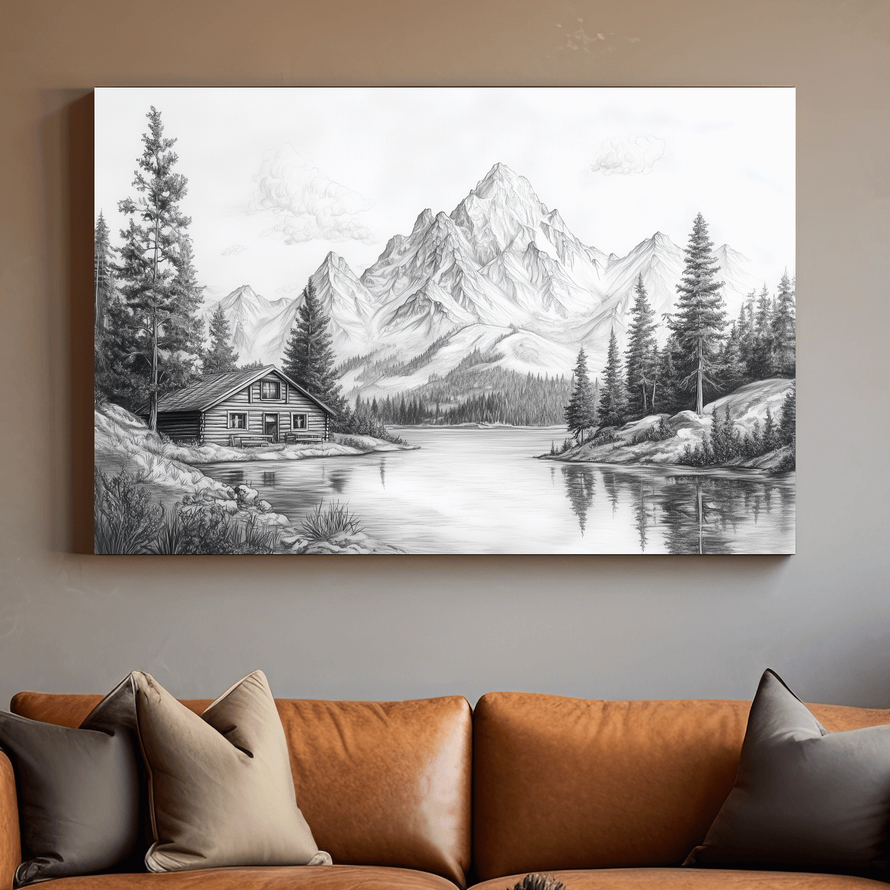 Vintage Pencil Sketch Alpine Lake Cabin - Black And White Mountain Landscape Wall Art