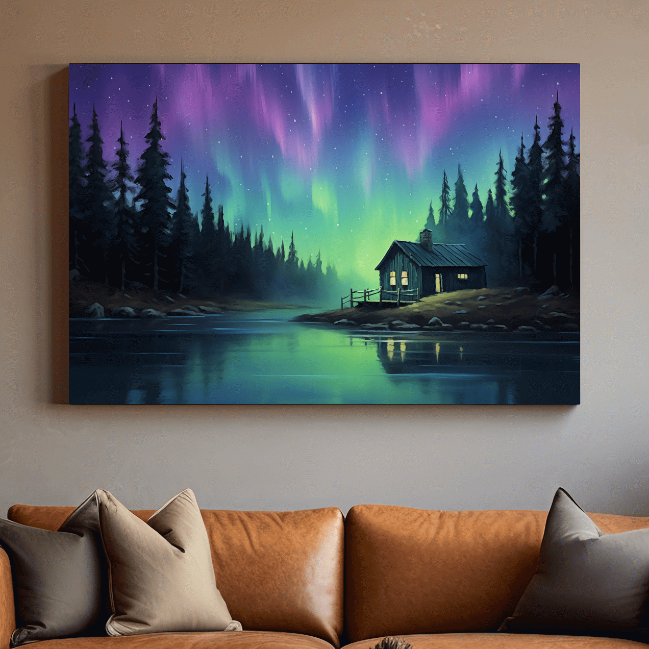 Northern Lights Over Lakeside Cabin Painting - Aurora Borealis Night Wall Art
