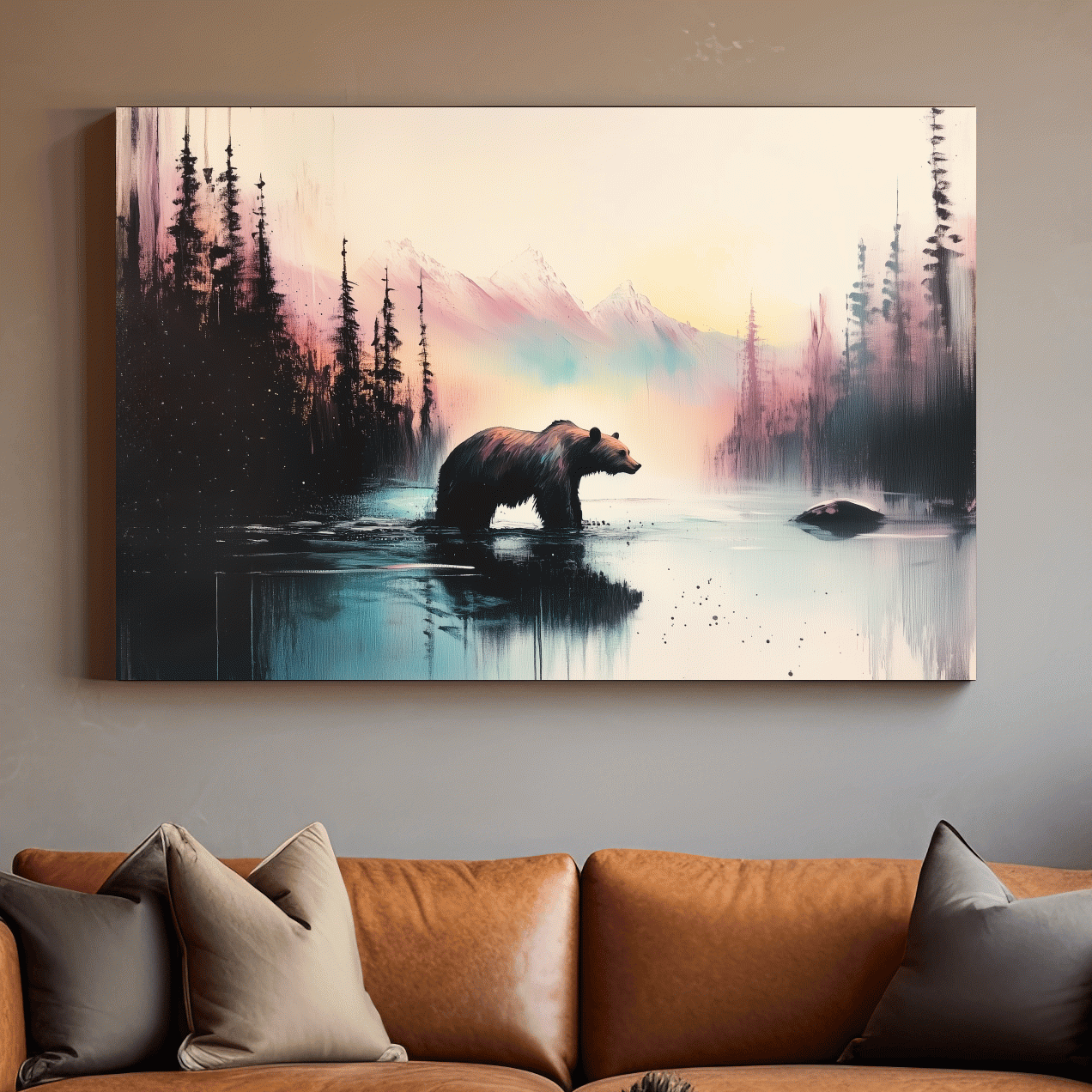 Moody Watercolor Grizzly Bear Lake Reflection - Misty Mountain Wilderness Wall Art