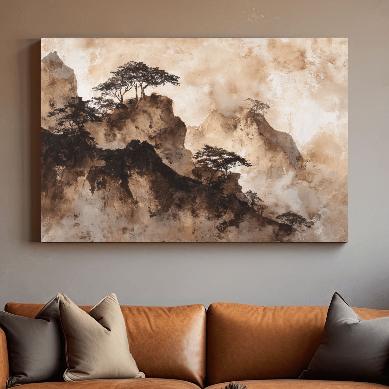 Sepia Japandi Mountain Ridge Painting - Atmospheric Ink Wash Art
