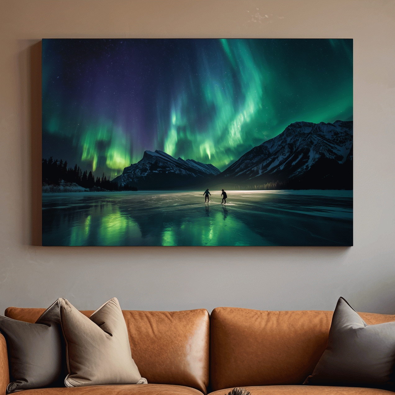 Ice Skaters Under Vibrant Northern Lights - Aurora Borealis Photographic Wall Art