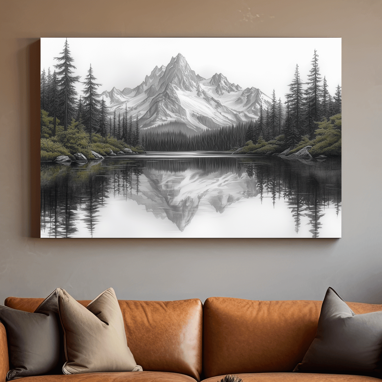 Monochrome Alpine Mountain Lake Reflection Sketch Artwork - Minimalist Forest Landscape Wall Art