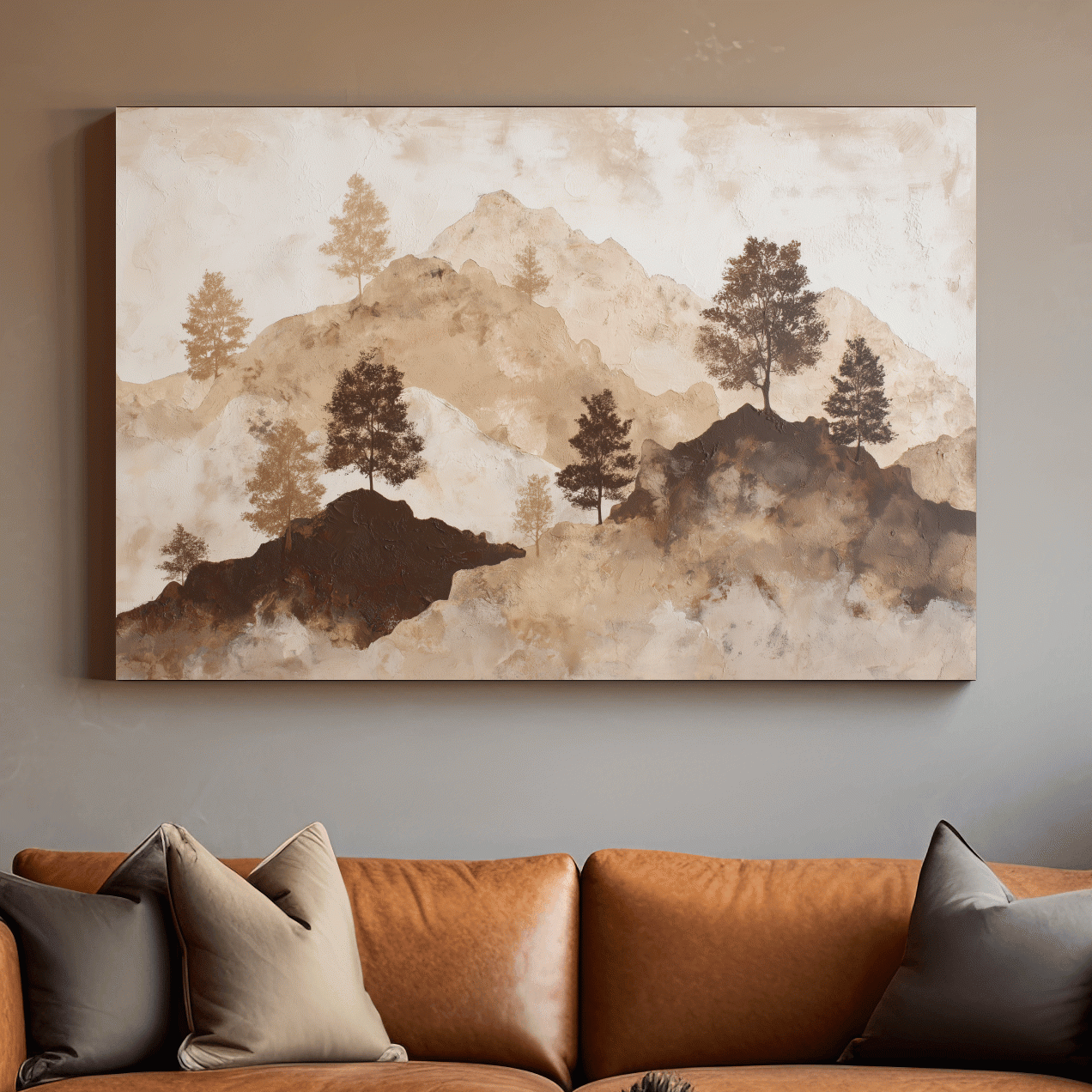 Wabi-Sabi Mountain Tree Silhouettes Painting - Minimalist Landscape Wall Art